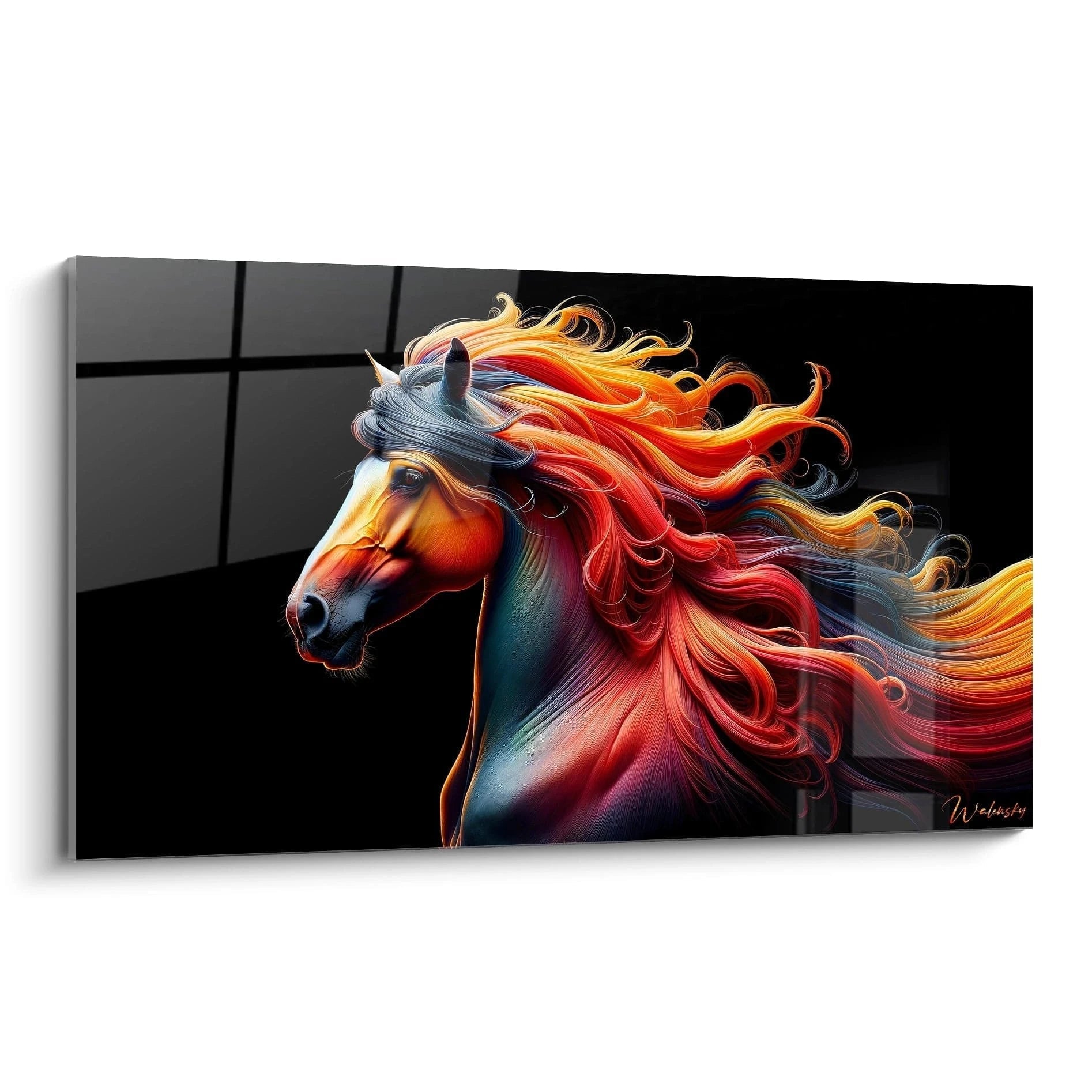 Un tableau d'animal présentant un cheval de profil avec une crinière colorée aux teintes rouge, orange, jaune et bleue. Le pelage du corps montre des dégradés de bleu, rouge et orange sur fond noir. La texture soyeuse et ondulante des crins contraste avec les lignes fluides du corps aux reflets multicolores.
