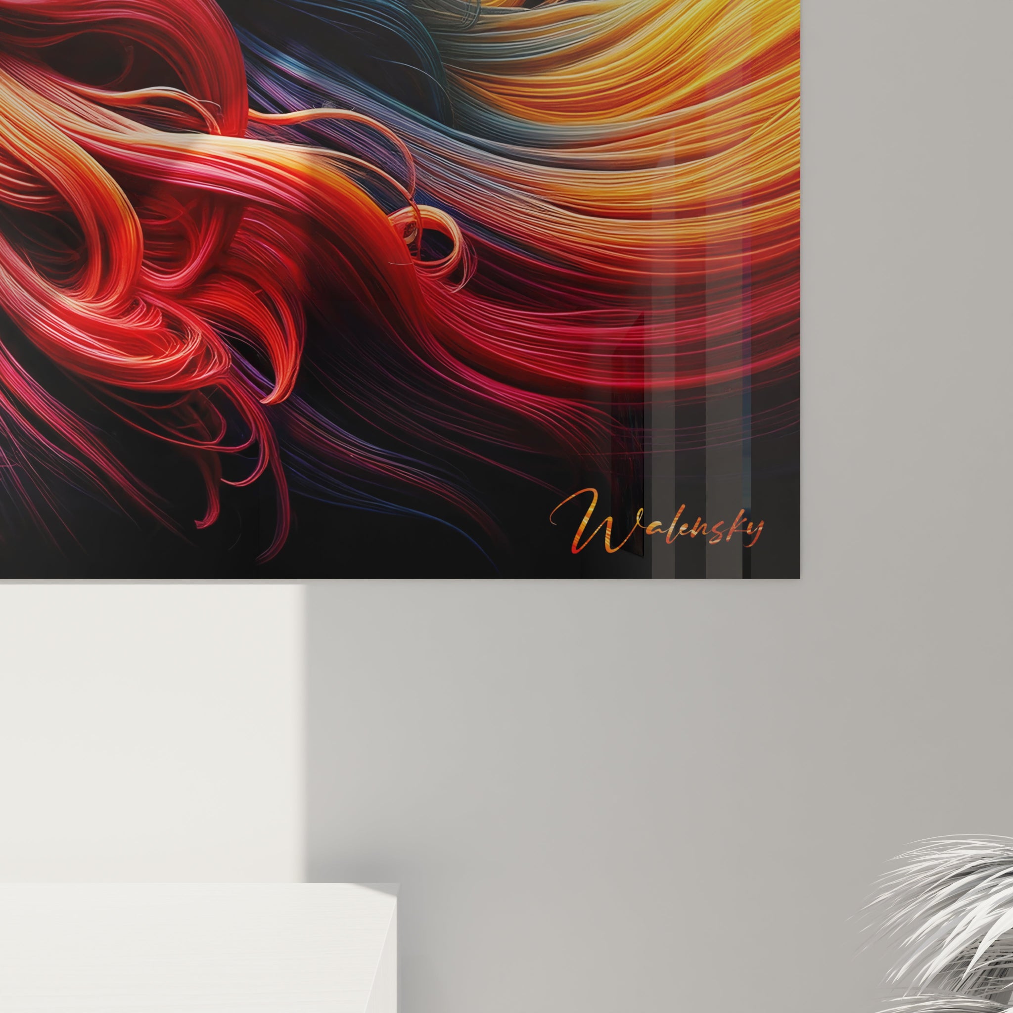 Un tableau d'animal représentant un cheval vu de côté avec une imposante crinière aux couleurs vives d'orange, rouge et bleu sur fond noir. La texture détaillée des crins individuels crée un effet de mouvement, tandis que le corps de l'animal est coloré de dégradés bleus, roses et orangés qui suivent ses formes anatomiques.
