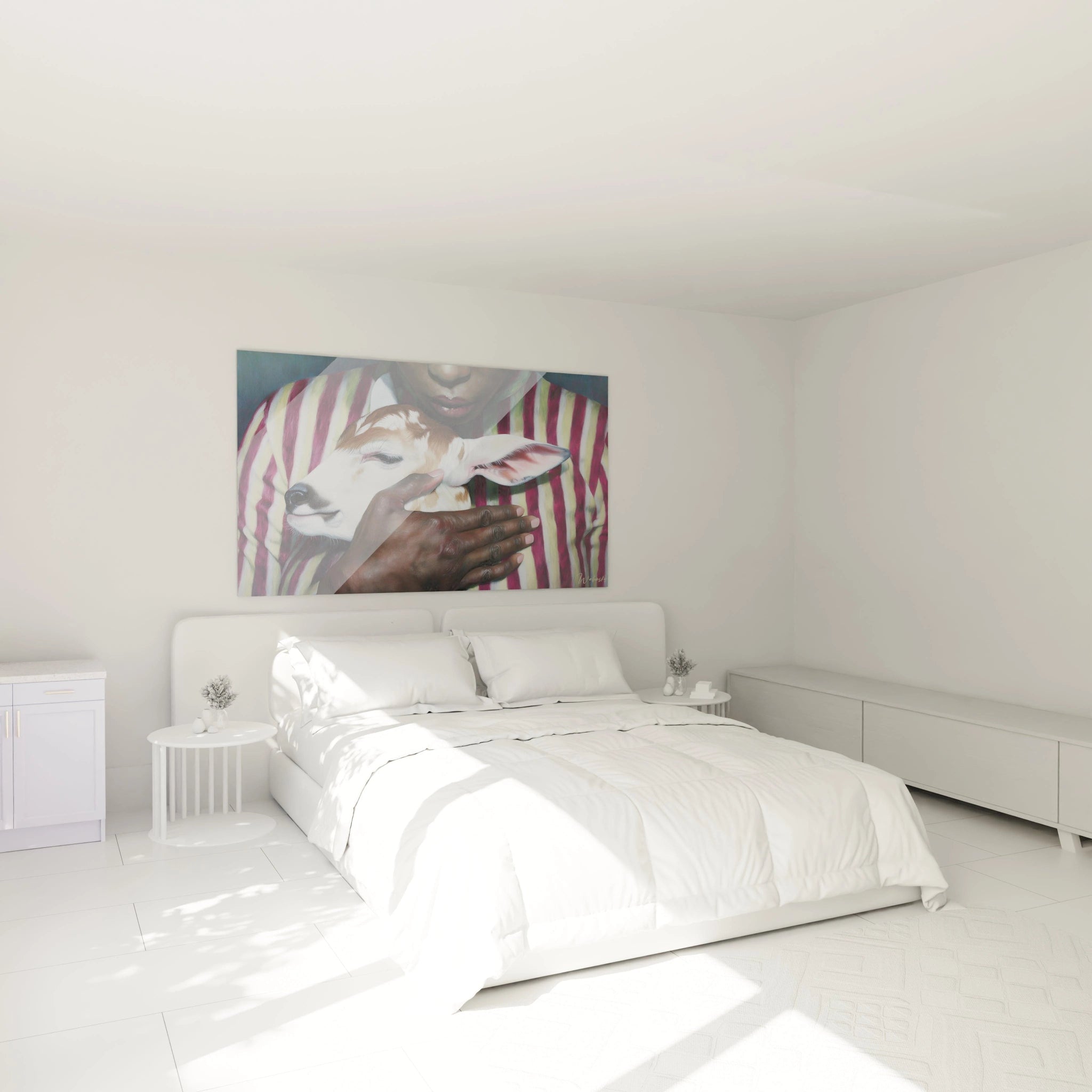 tableau faon hyperréalisme Walensky accroché au dessus d un lit blanc dans une chambre minimaliste