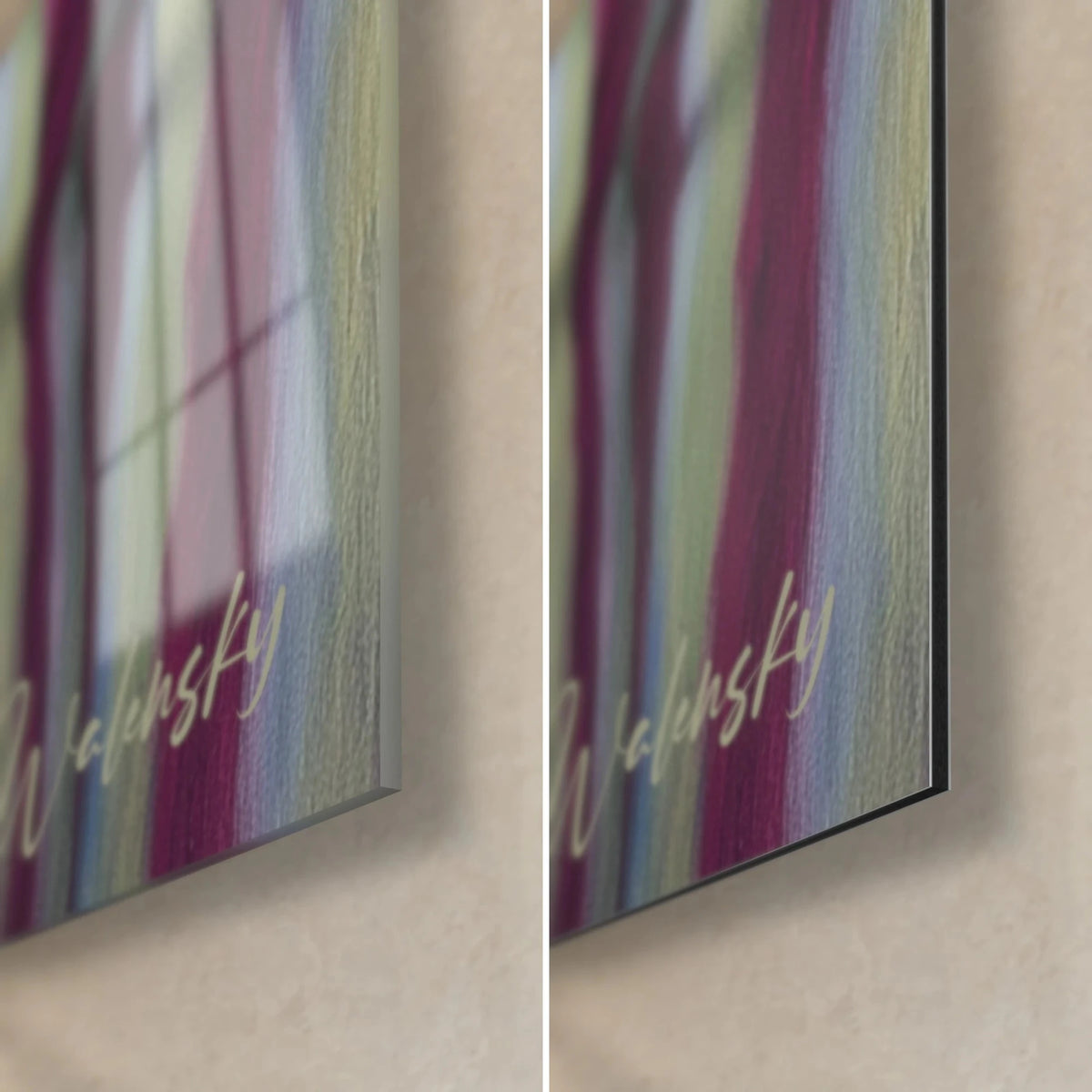 Wall art of a young fawn with burgundy and pale green stripes, bottom right corner: glossy acrylic glass with reflections on the left, matte Dibond on the right