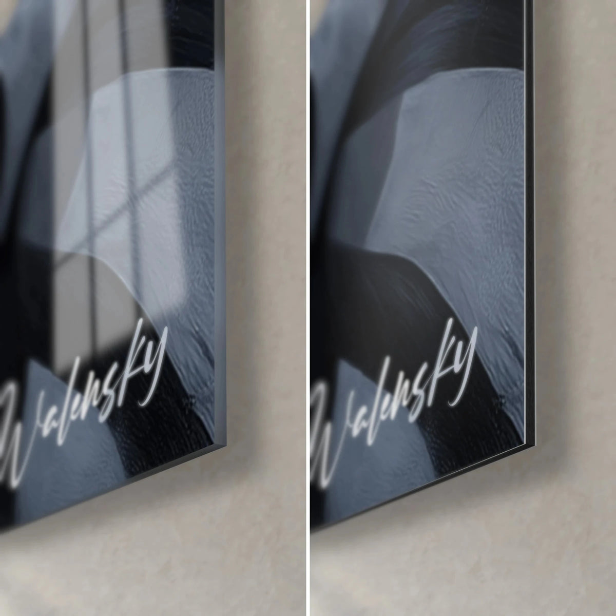 Wall art striped horse on a cloudy background, bottom right corner: glossy acrylic glass with reflections, matte black Dibond, 3 mm edge, signature