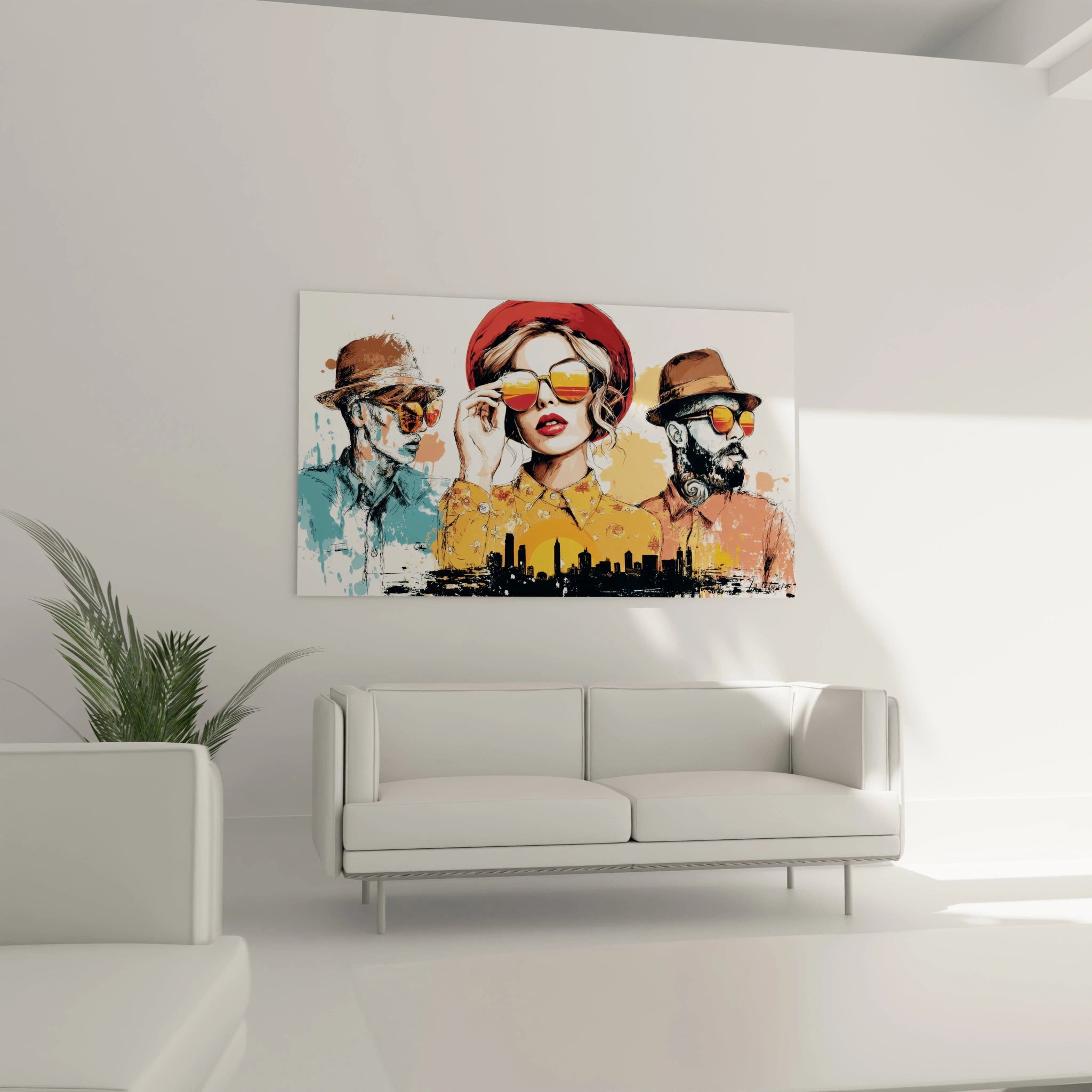 Tableau illustration mode représentant des personnages stylés avec lunettes et chapeaux sur fond coloré