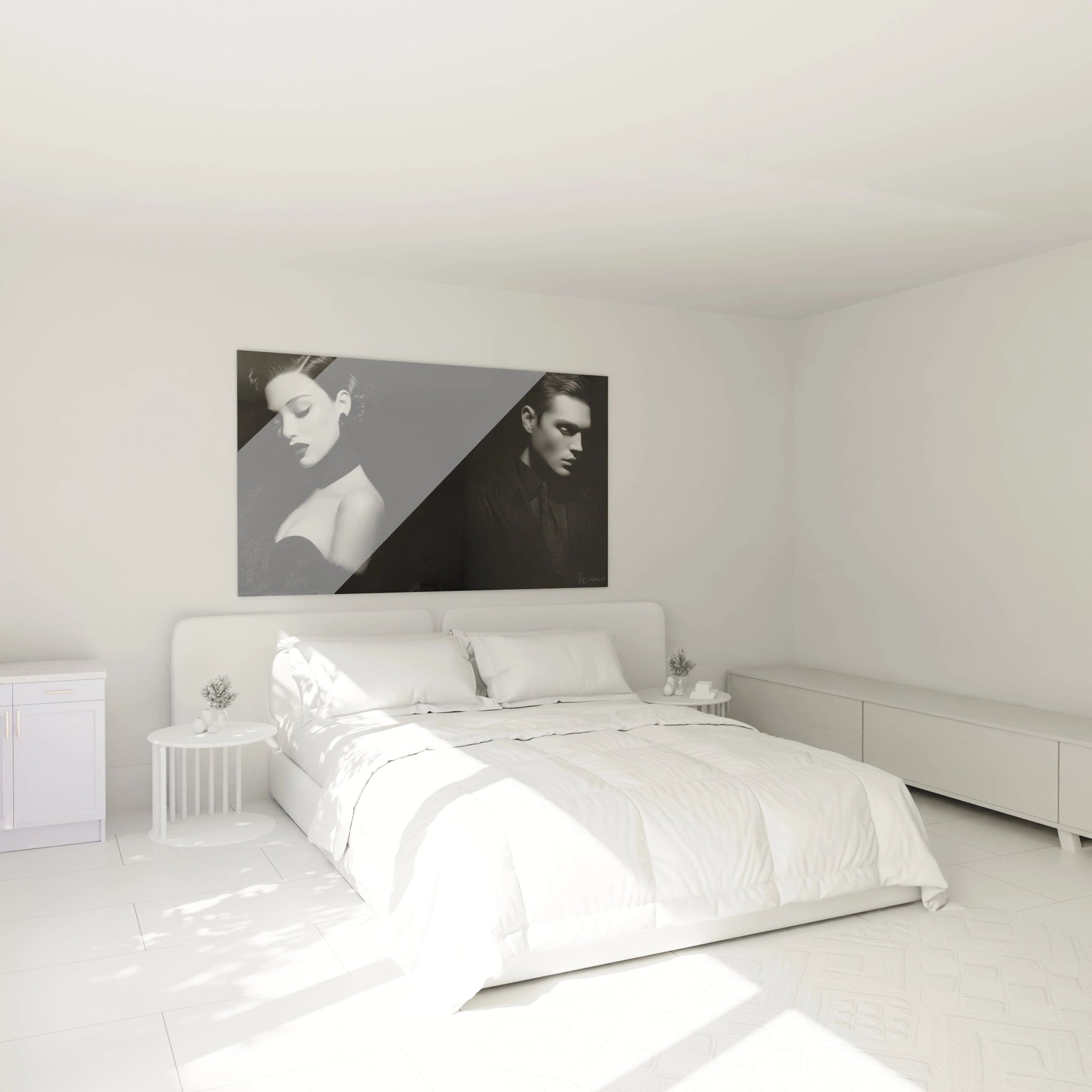 Tableau mode noir et blanc de portraits élégants dans une chambre lumineuse et moderne