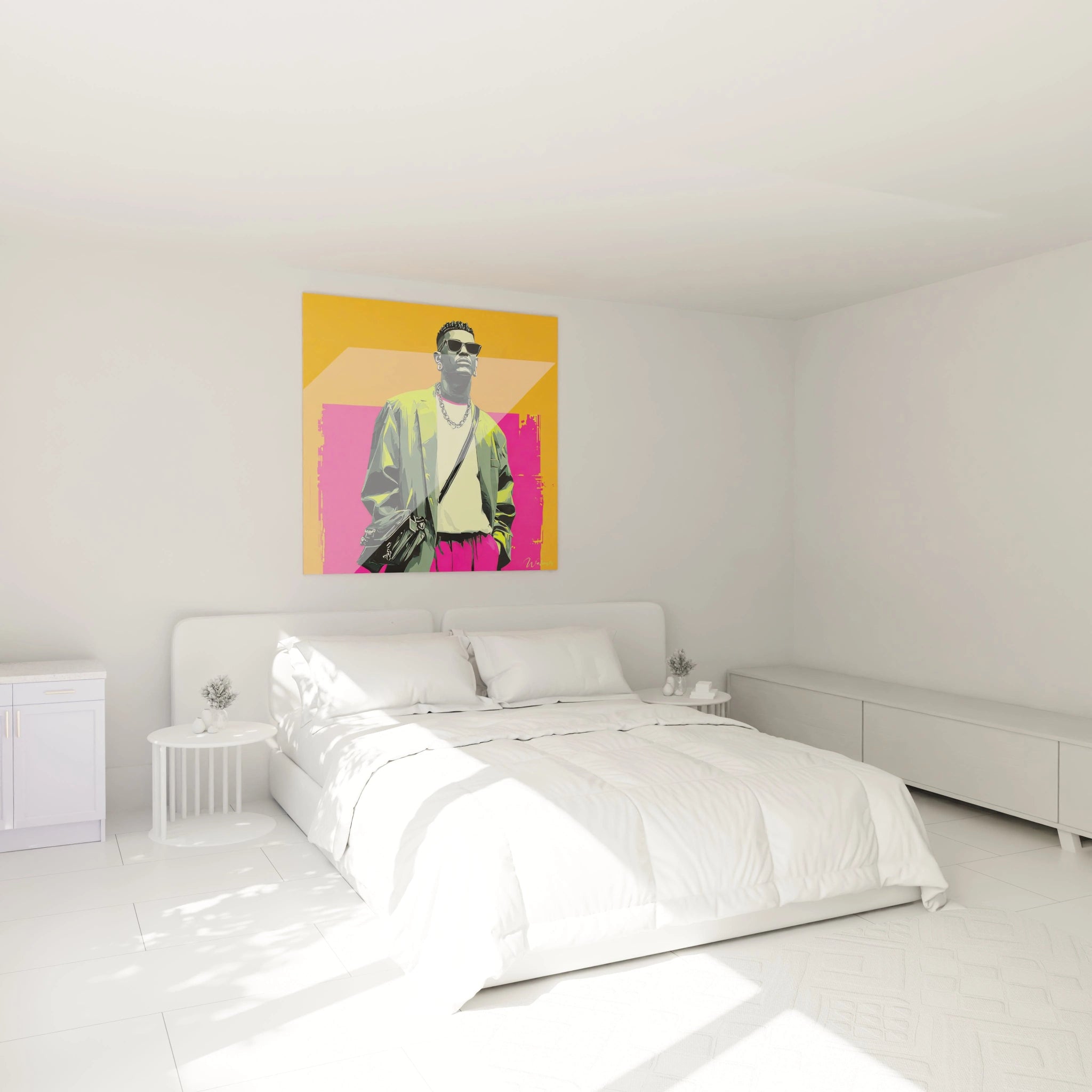 Tableau mode vintage urbain de Walensky accroché dans une chambre moderne avec des couleurs vives