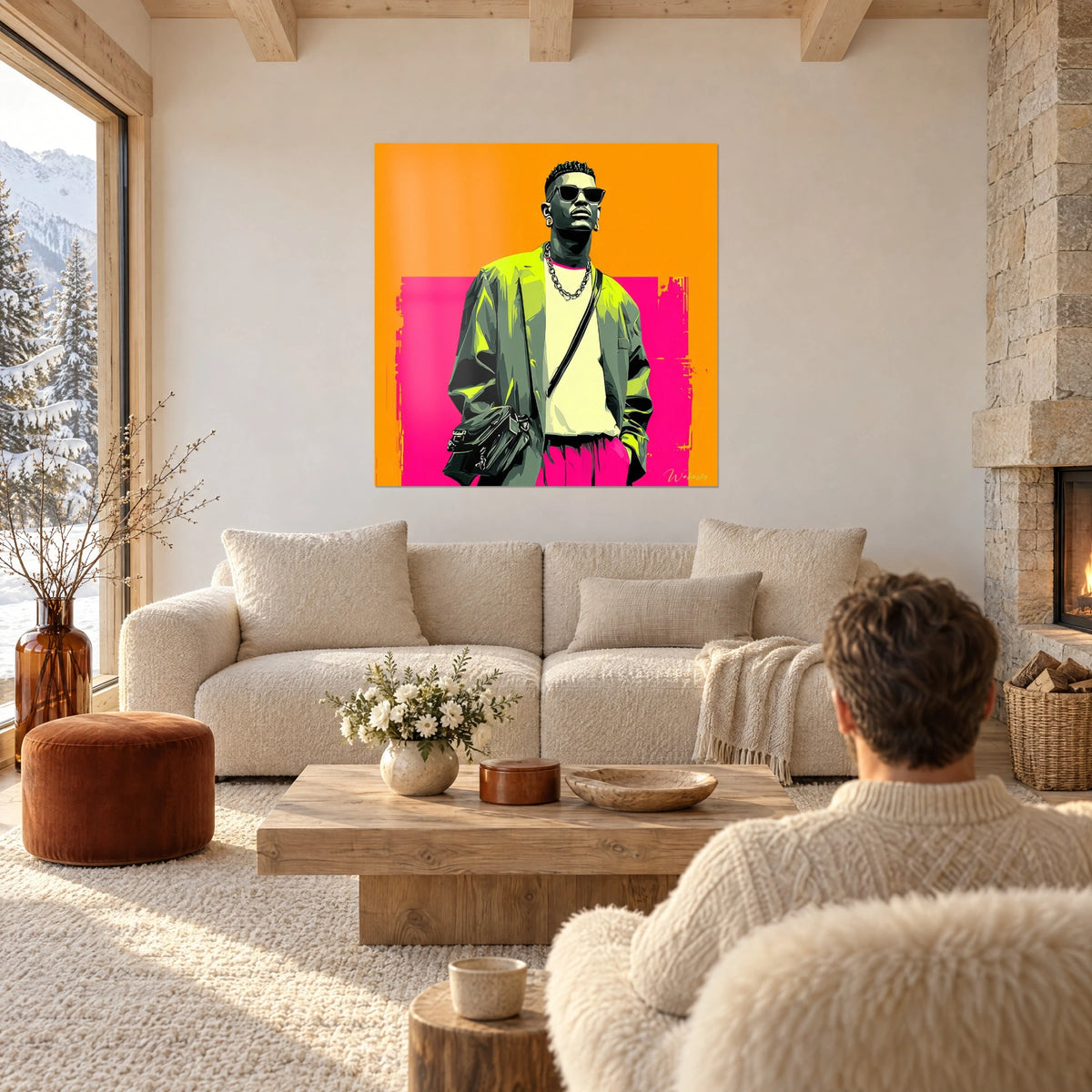 Cuadro de un dandi urbano con blazer verde anís, gafas de sol negras, fondo naranja y rosa, sobre un sofá en un salón luminoso