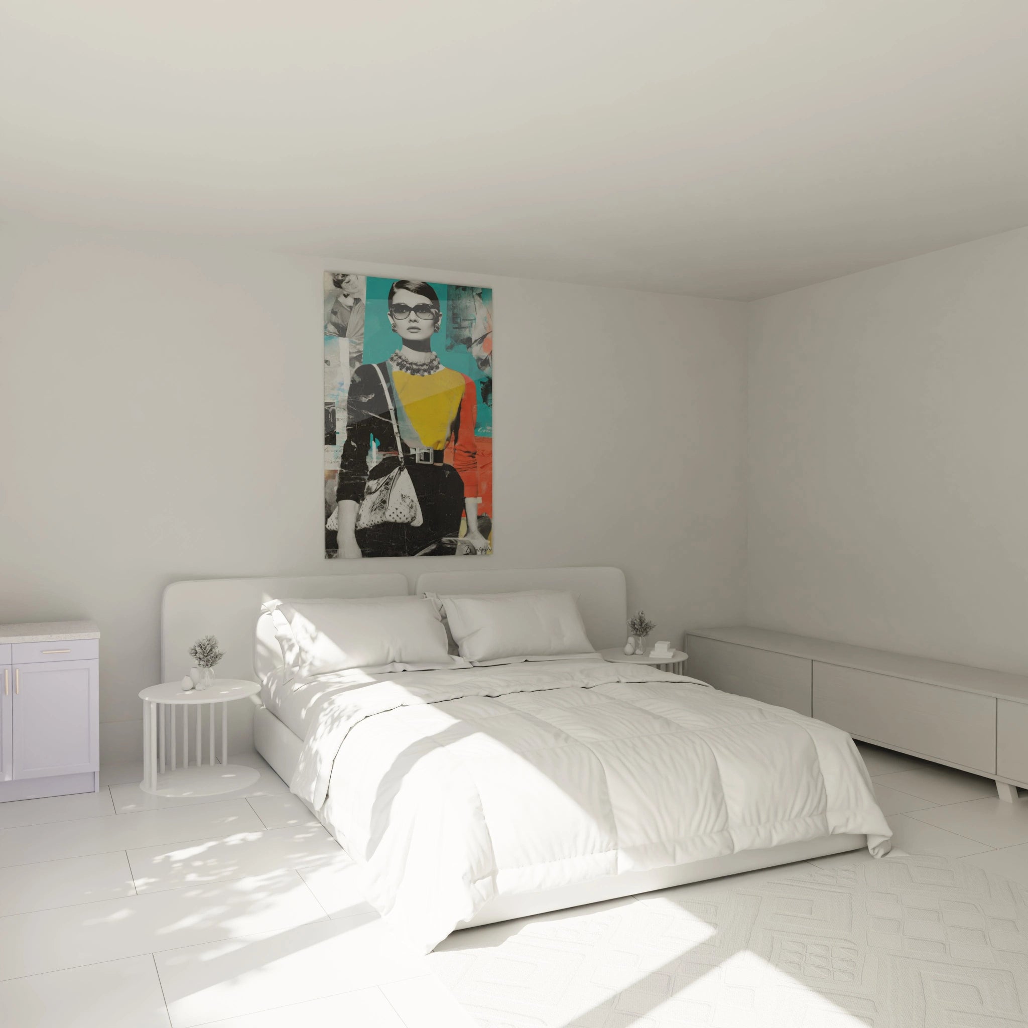 Tableau portrait fashion pop art de Walensky affiché dans une chambre lumineuse avec lit et mobilier moderne