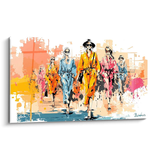 Quadro murale illustrazione moda che rappresenta manichini in abiti colorati su uno sfondo artistico