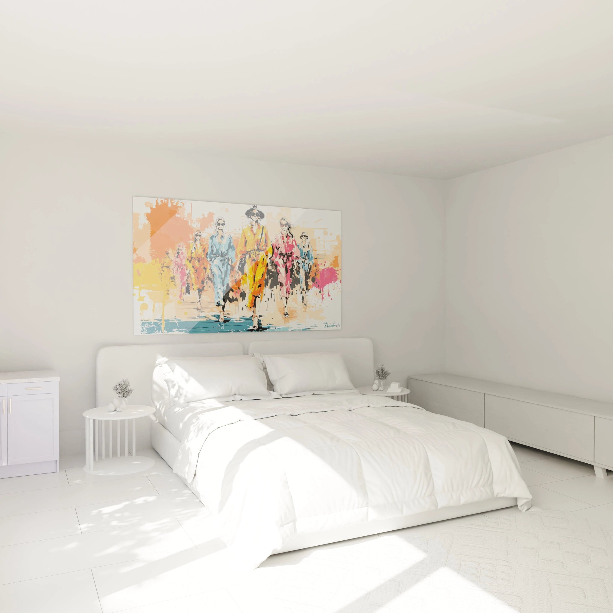 Tableau illustration mode de Walensky représentant des figures colorées dans une chambre moderne