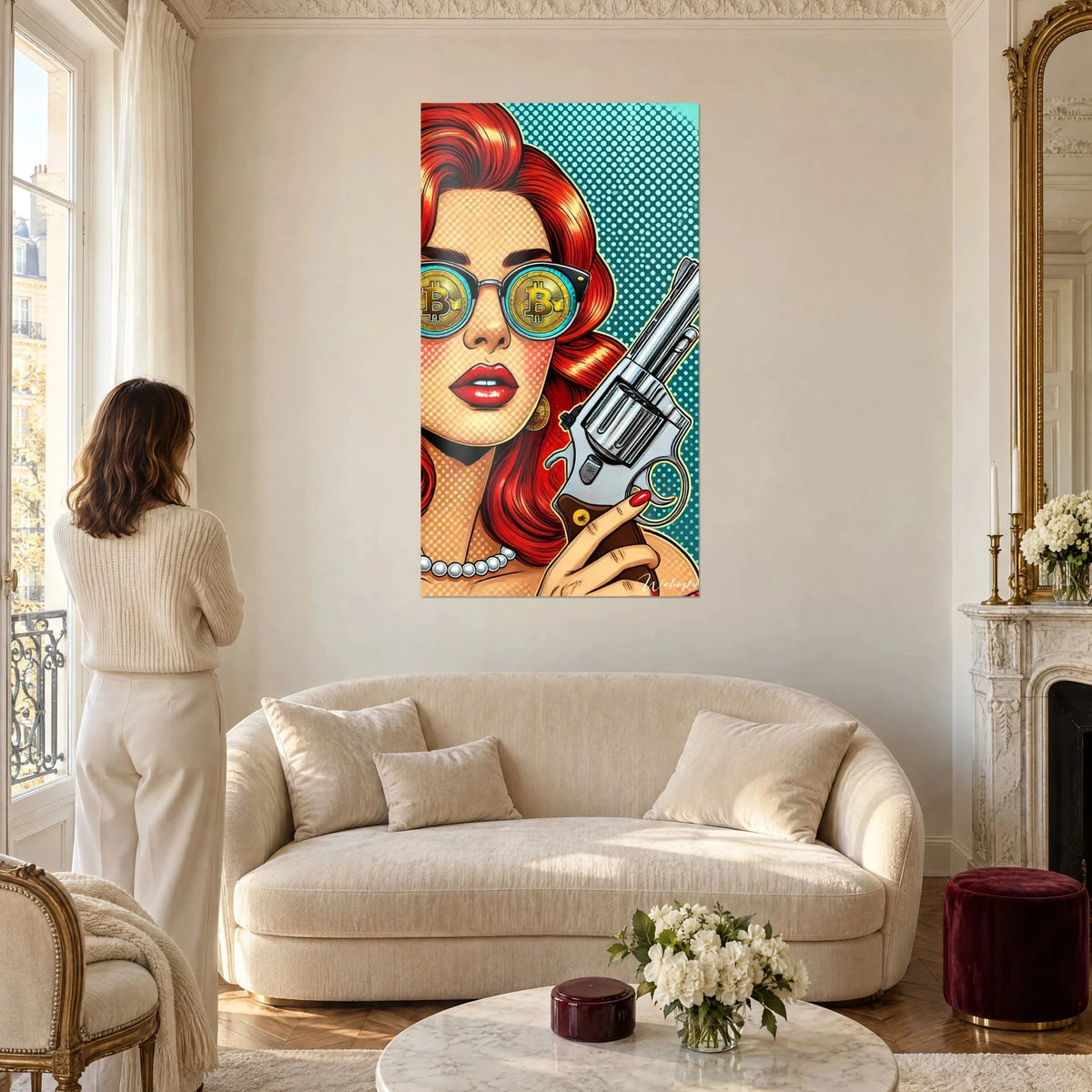 Obraz rudowłosej pin-up w złotych okularach bitcoin, srebrny rewolwer, turkusowe tło, nad kanapą w jasnym salonie