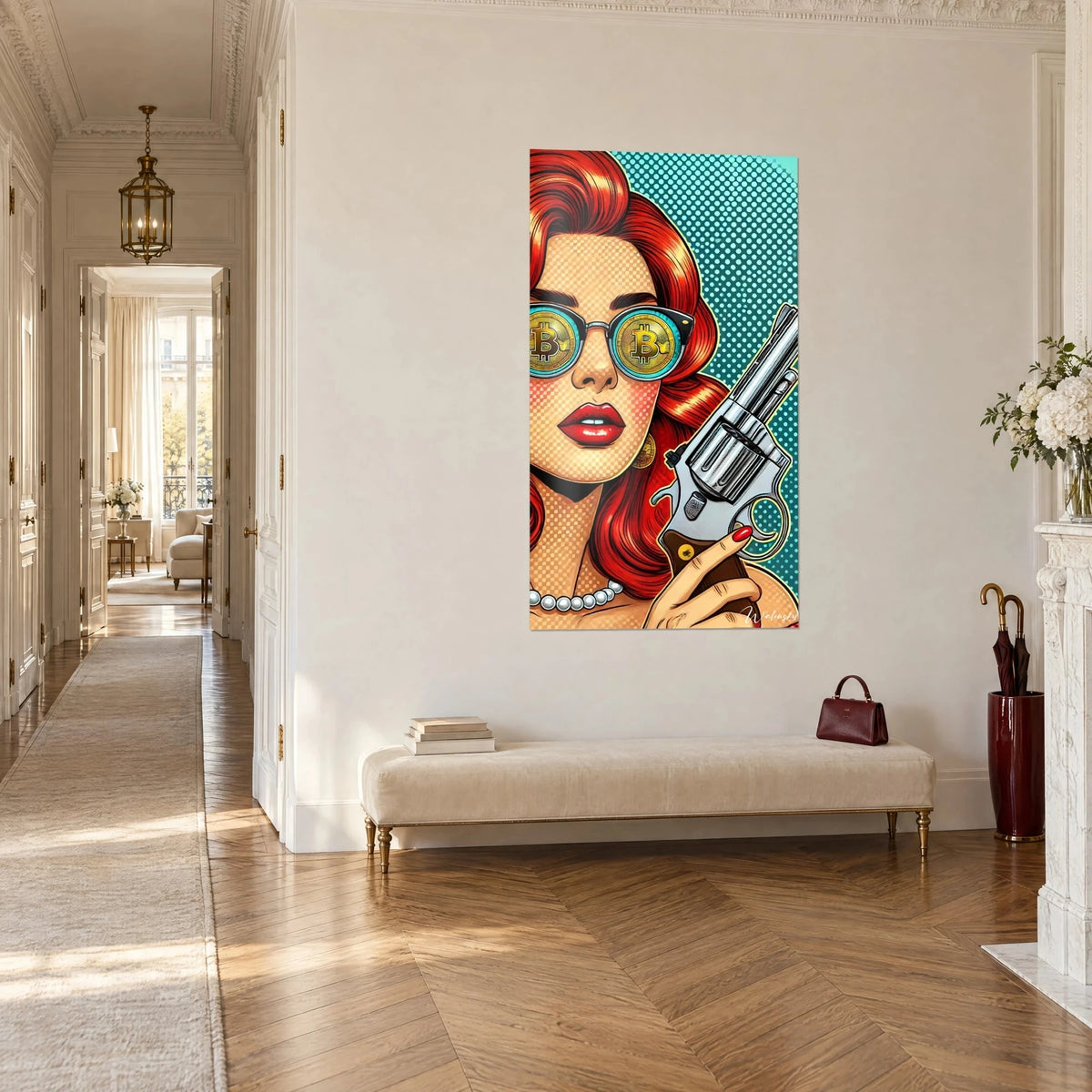 Obraz muzy pop art z jaskrawoczerwonymi ustami i naszyjnikiem z pereł, turkusowy wzór w kropki, haussmannowski korytarz i ława