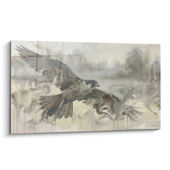 Schilderij Valk met Uitgespreide Vleugels in Oker- en Beige Nevelig Landschap - Wilde Majesteit - Valken Editie