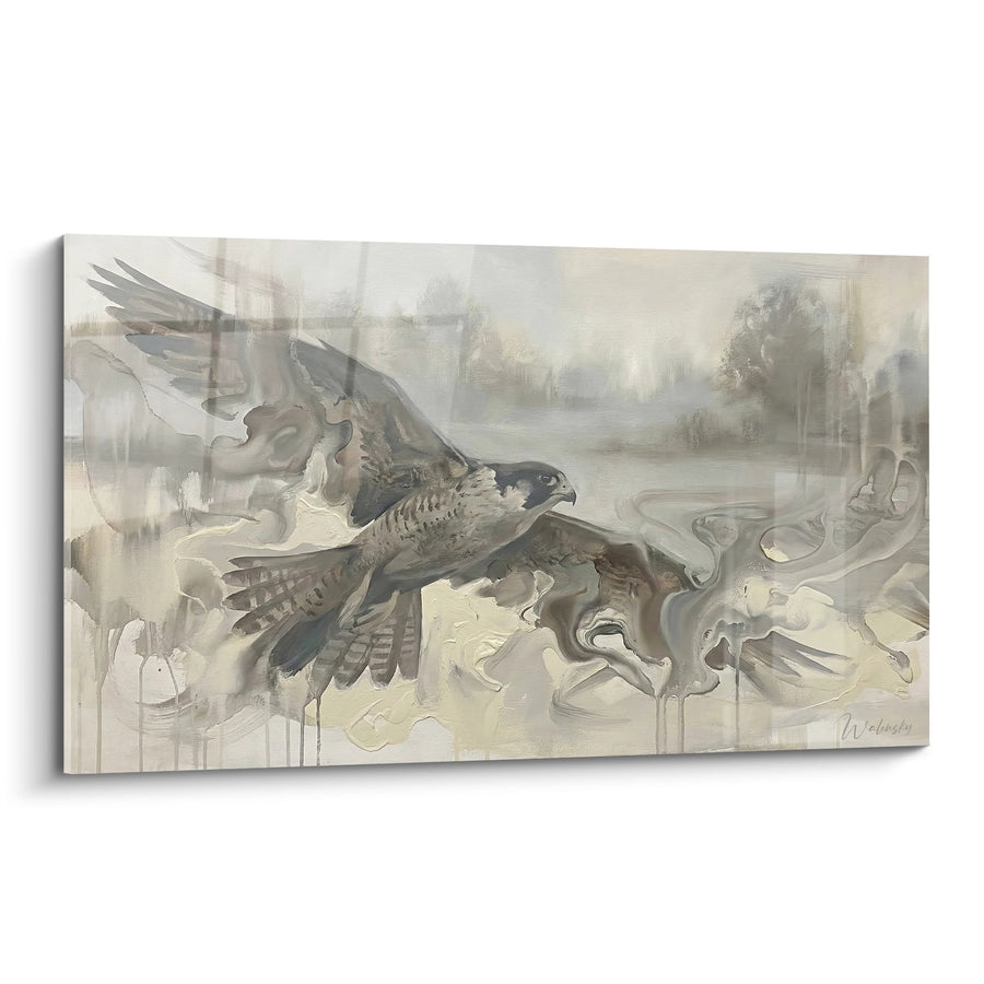 Tableau Faucon aux Ailes Déployées dans Paysage Brumeux Ocre et Beige - Majesté Sauvage - Edition Faucon