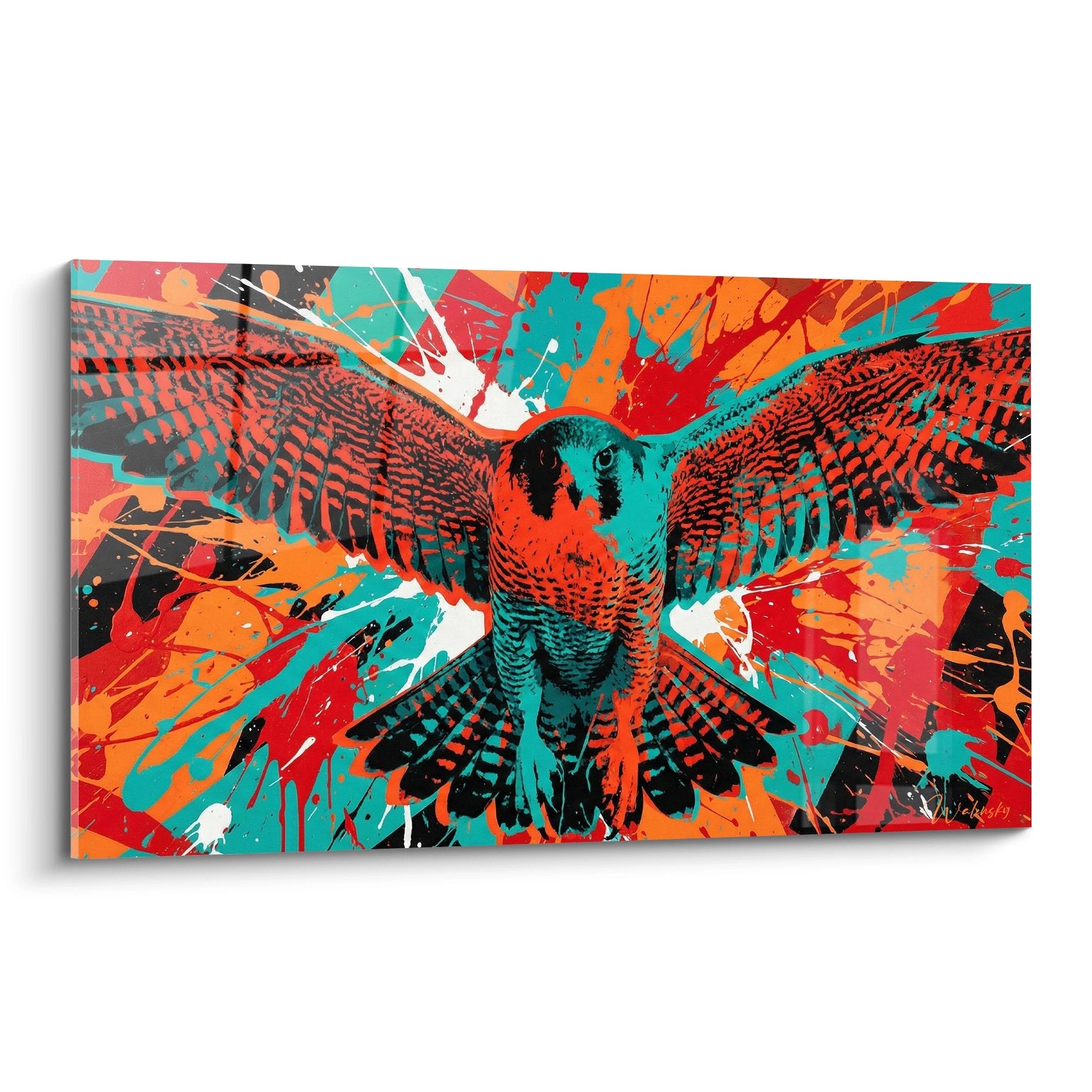 Falke mit ausgebreiteten Flügeln Spritzer Türkis Rot Orange moderne zeitgenössische Kunst Street-Art