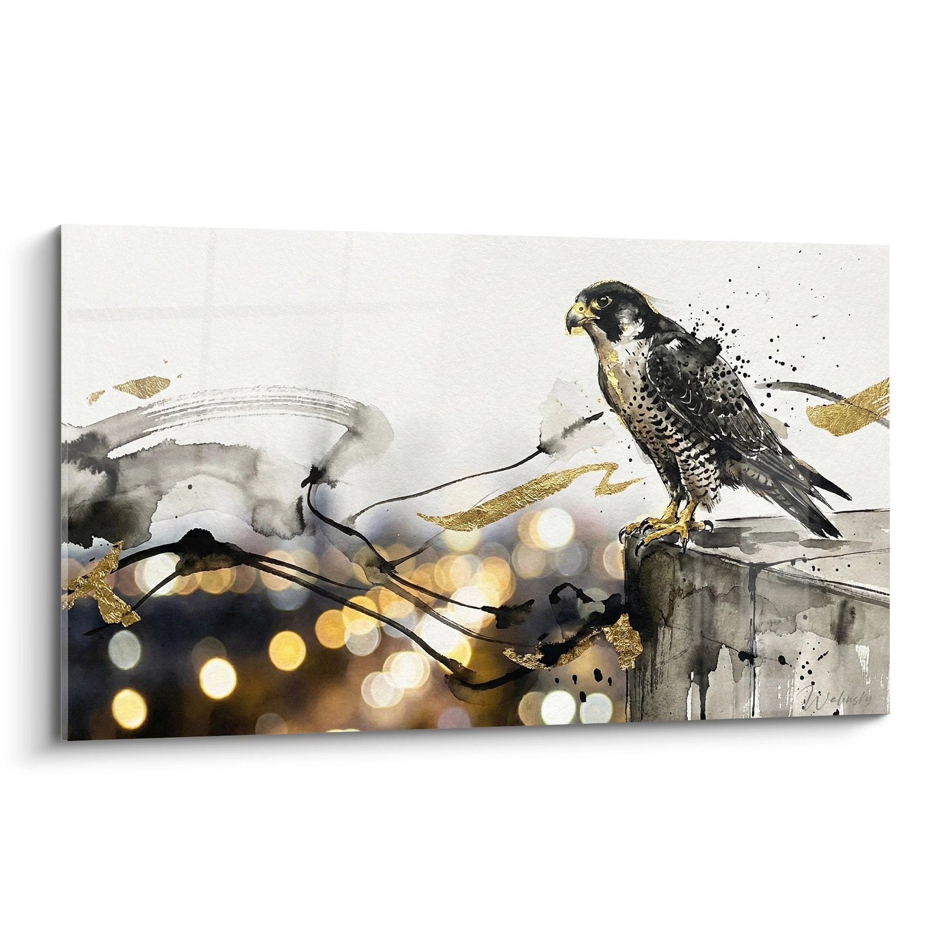 Falke Aquarell grau gold Bokeh-Lichter zeitgenössische Wandkunst Raubvogel sitzend
