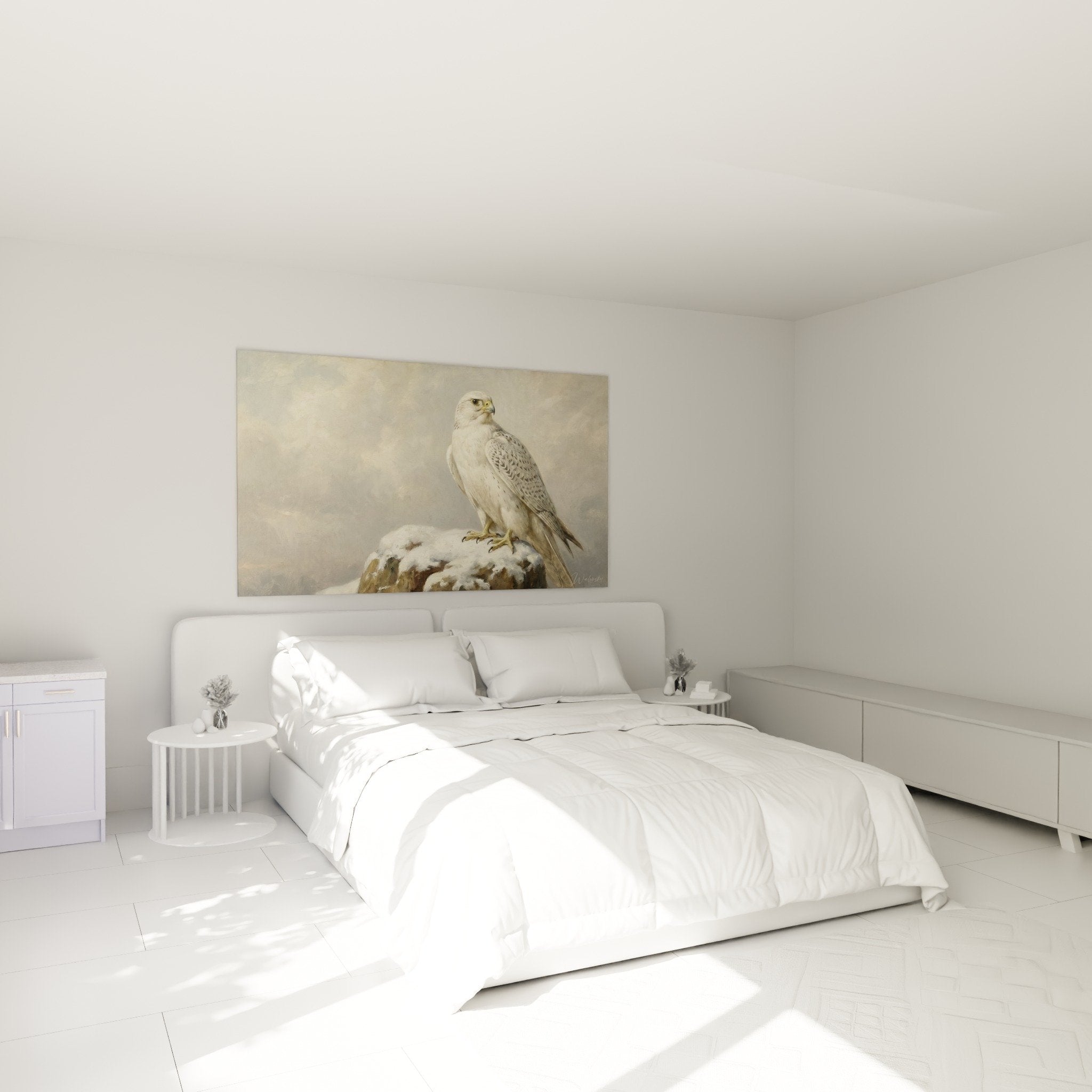 Weißer Falke Bild im modernen Schlafzimmer, elegante Wanddekoration, ruhige Atmosphäre in neutralen Tönen
