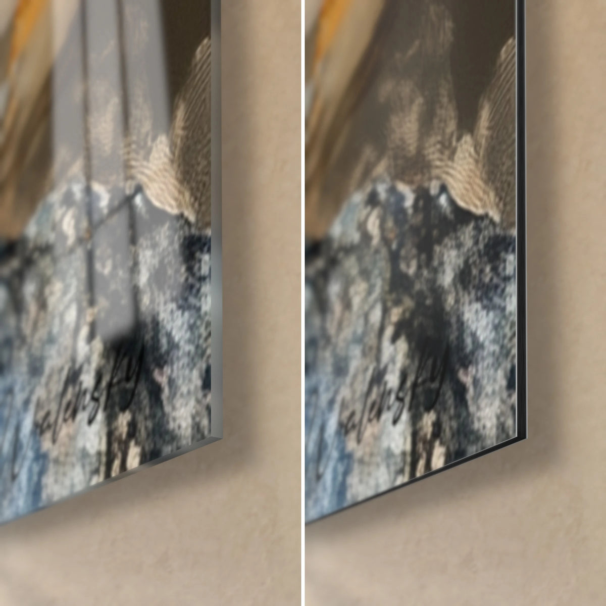Gemälde Greifvogel, untere rechte Ecke: glänzendes Acrylglas mit Reflexionen, mattschwarzes Alu-Dibond, 3 mm Kante sichtbar