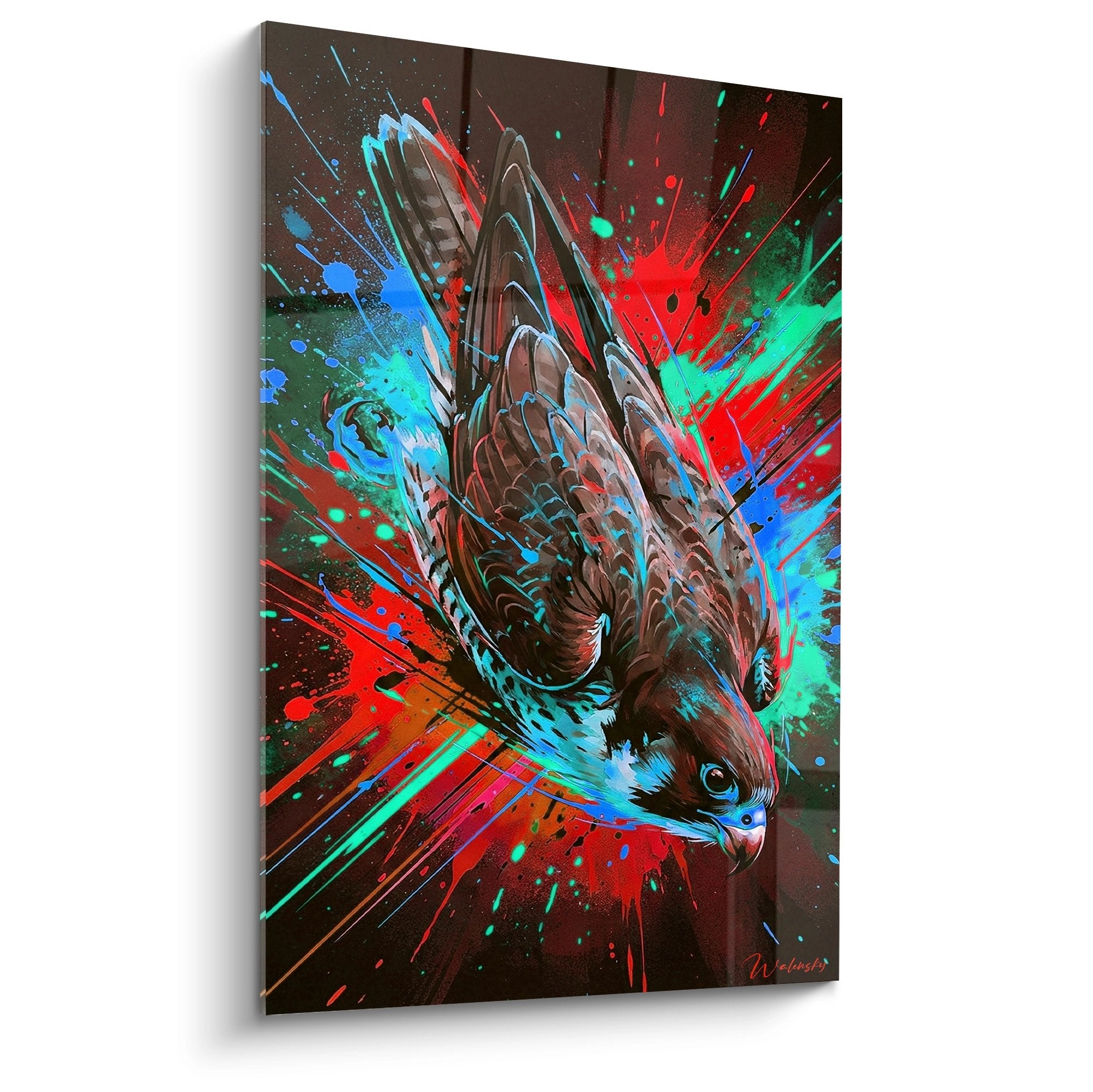 Falke mit ausgebreiteten Flügeln und roten, blauen, grünen Spritzern auf dunklem Hintergrund zeitgenössische Kunst