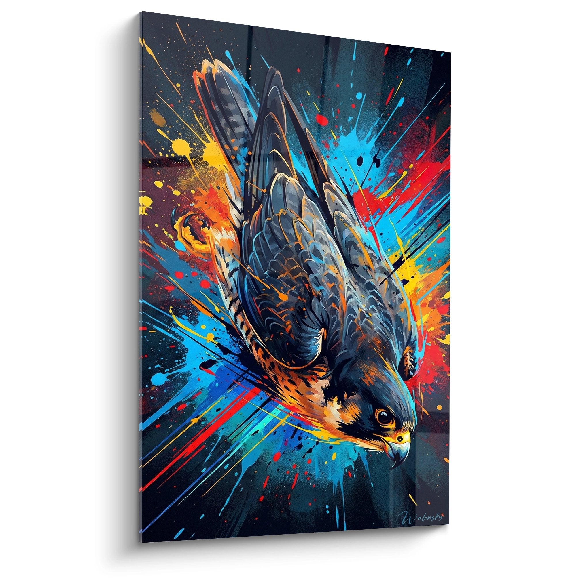 Wandbild Falke mit ausgebreiteten Flügeln Farbexplosion Orange Blau Türkis zeitgenössischer Stil