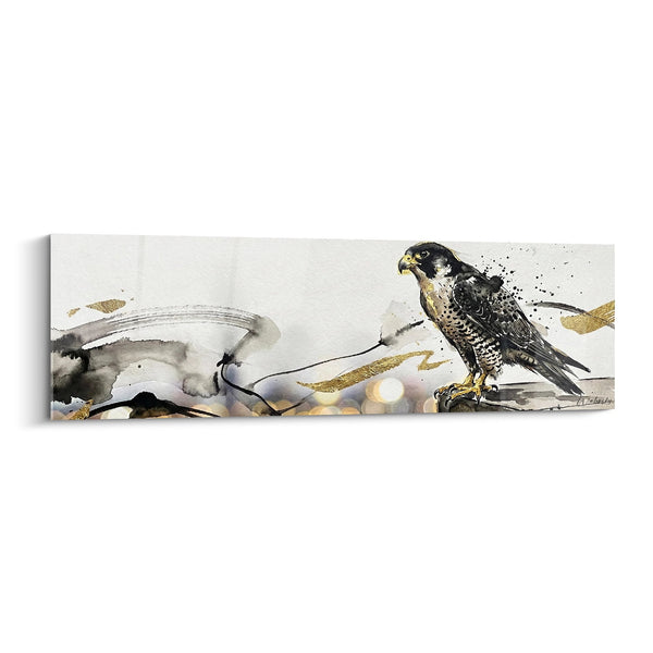 Schilderij Slechtvalk Zittend op Tak met Gouden Accentjes en Aquarel - Wilde Majesteit - Valken Editie