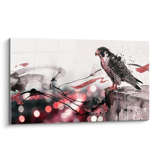 Cuadro Halcón Posado en Poste Gris Acuarela Rosa y Negro - Rapaz Misterioso - Edición Halcón