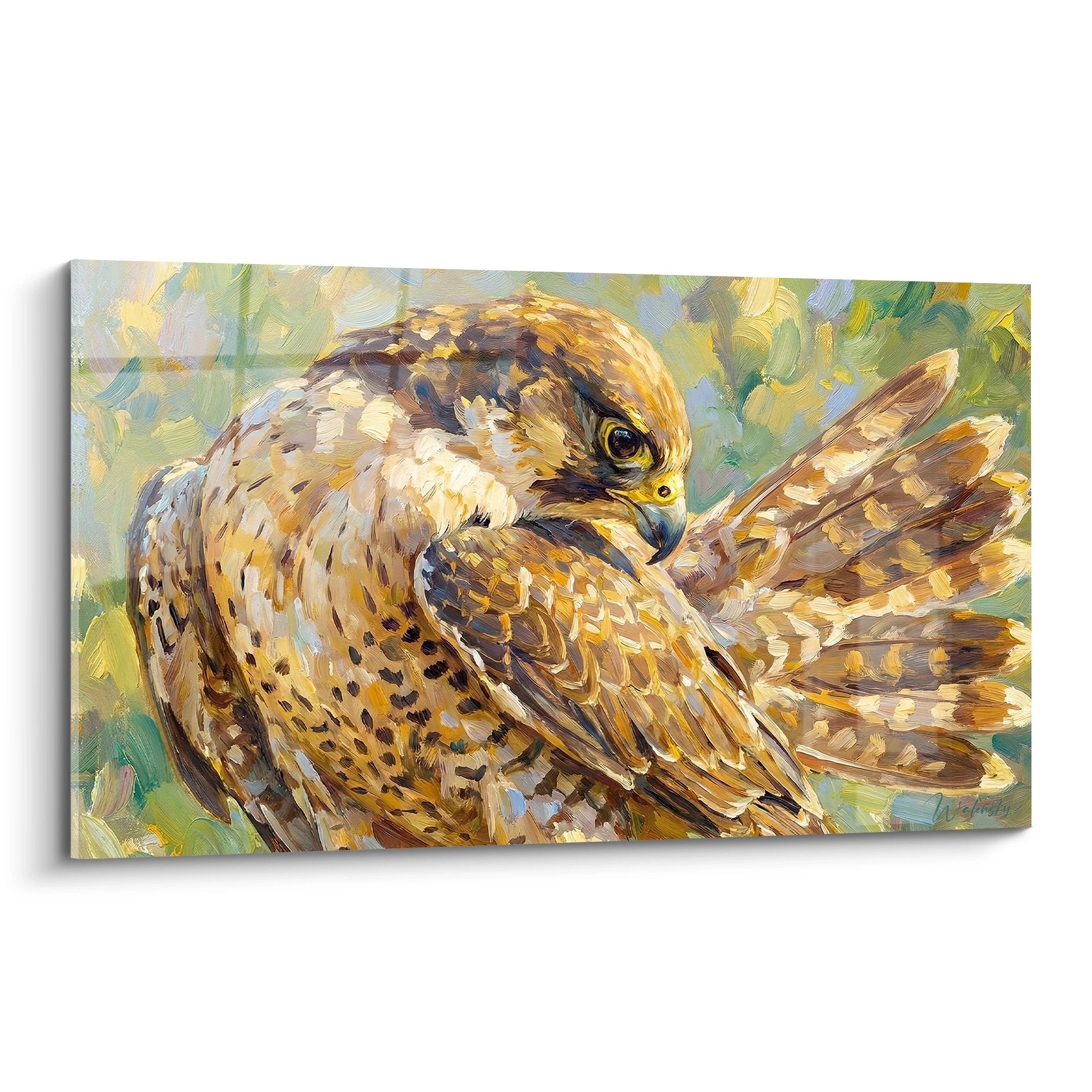 Gemälde eines Falken mit goldenem und ockerfarben Gefieder in Vegetation, impressionistischer Stil, Raubvogel-Edition