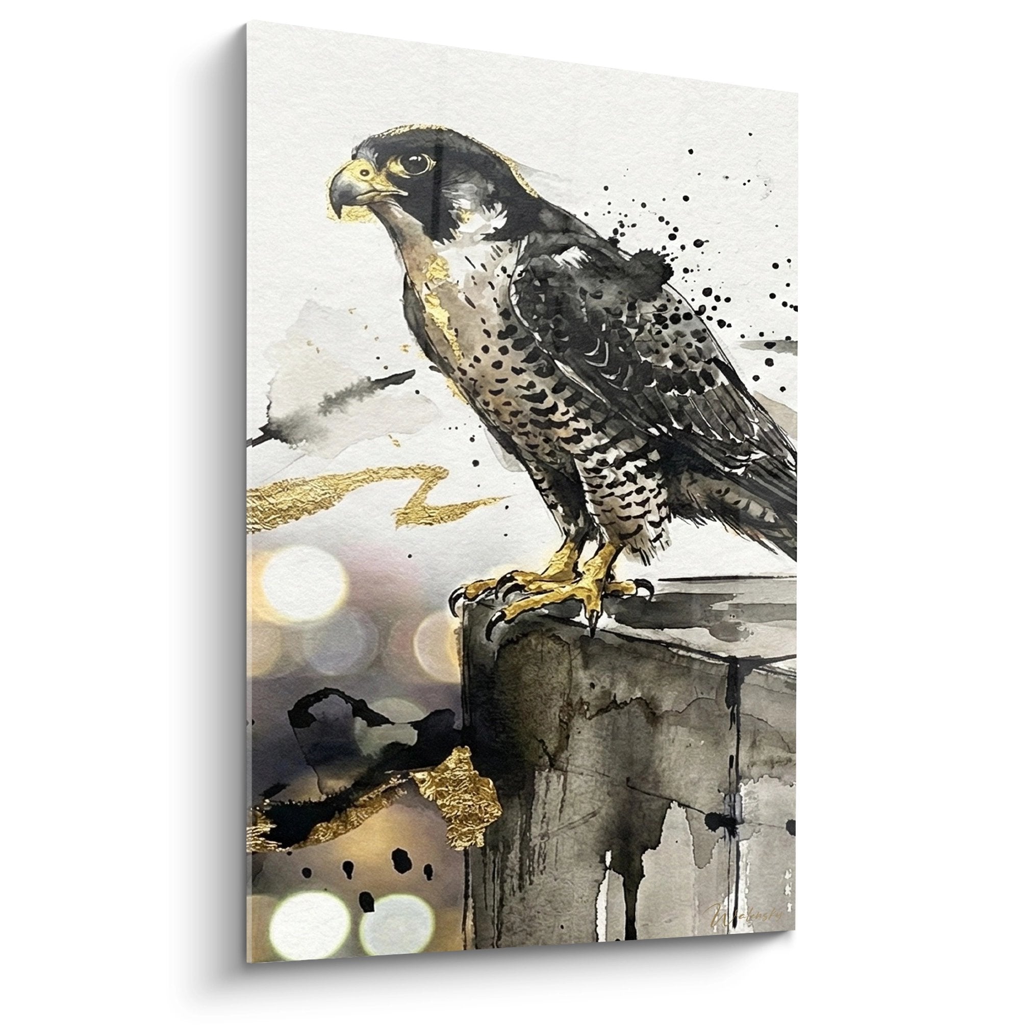 Aquarellgemälde Falke intensiver Blick auf Steinsims goldene Akzente zeitgenössische Kunst Wanddekoration