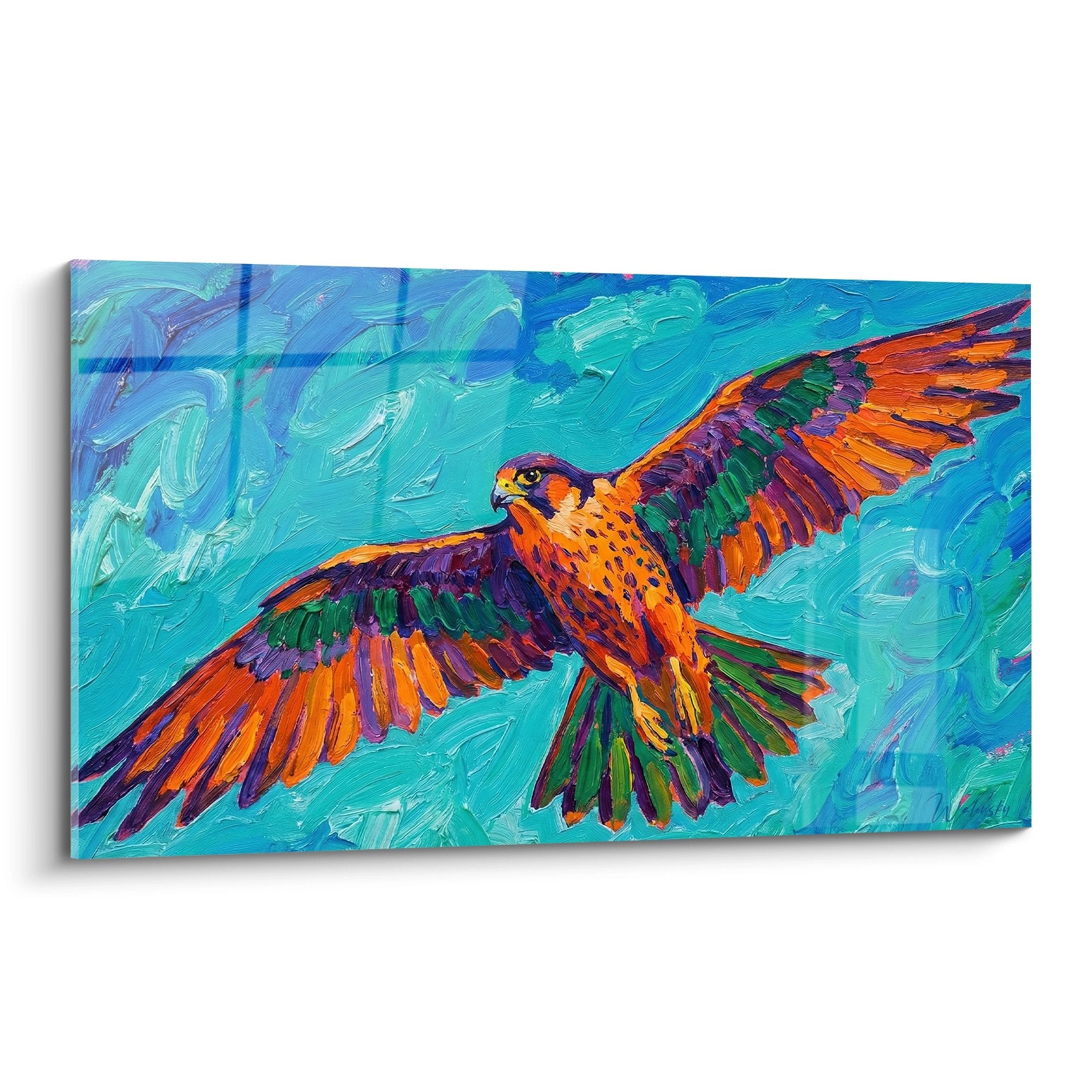 Modernes Wandbild Falke im Flug mit ausgebreiteten Flügeln Orange Türkis Violett expressives farbiges Kunstwerk