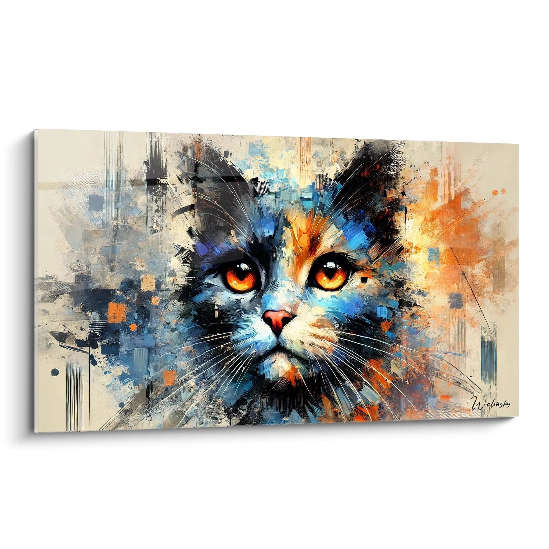 Ce tableau chat en vue de biais met en valeur ses couleurs vibrantes et ses détails abstraits. Avec des tons chauds et froids, cette œuvre ajoute une touche artistique à tout intérieur contemporain.