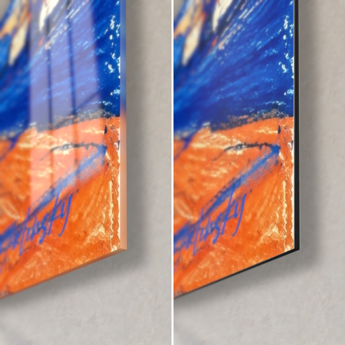 Schilderij pier van Fécamp, rechter benedenhoek met penseelstreken in ultramarijn blauw en fel oranje, glanzend glas links, mat Dibond rechts, dikte 3 mm