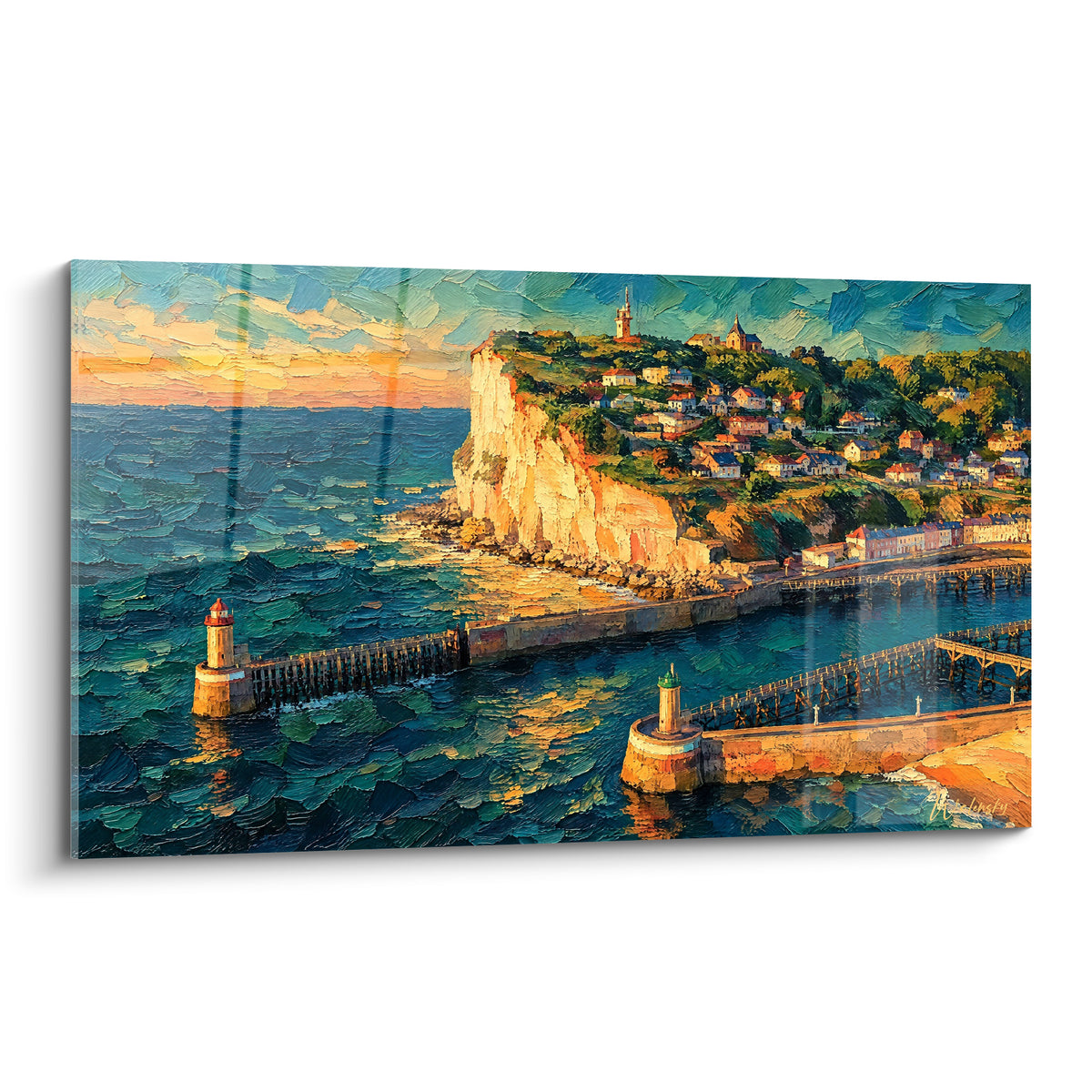 Wall art ochre cliff and turquoise jetties of Fécamp, Normandy, painted in thick touches under an orange sky