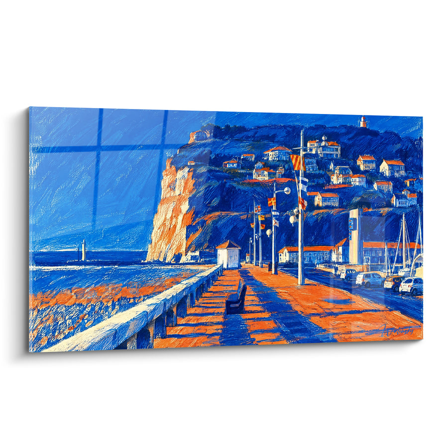 Schilderij Jetee blauw en oranje bij Cap Fagnet - Avondwandeling - Editie Fécamp Normandie Frankrijk
