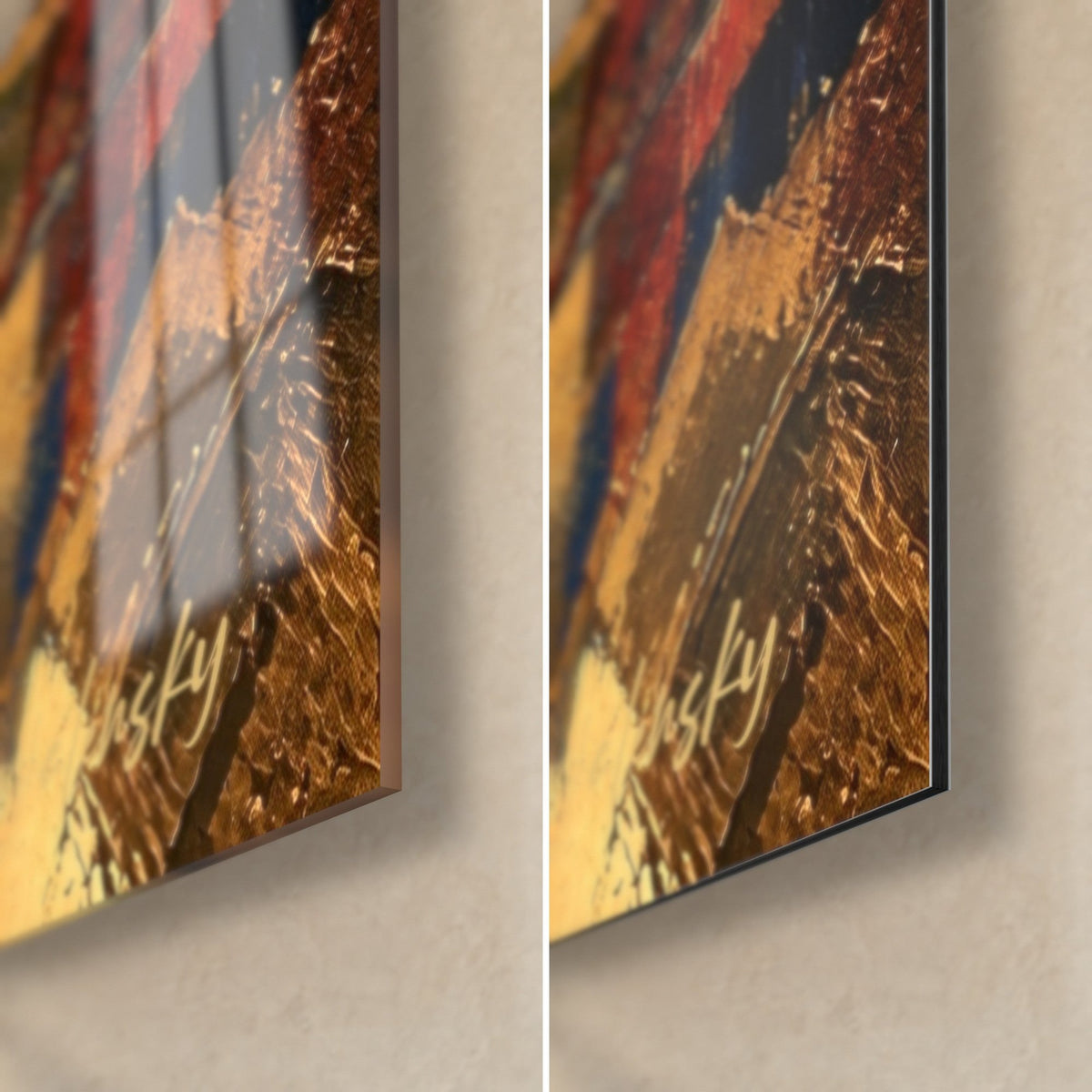 Schilderij baai van Fécamp in blauwe en gouden penseelstreken, rechtsonder in beeld, glanzend glas links, mat Dibond rechts, rand van 3 mm
