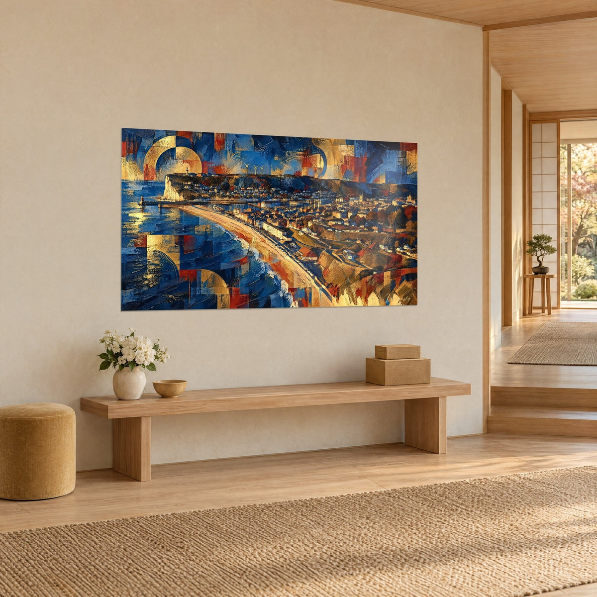 Wall art Fécamp coastal panorama, navy sea streaked with gold, red roofs and lighthouse, hung in a japandi room, three-quarter view