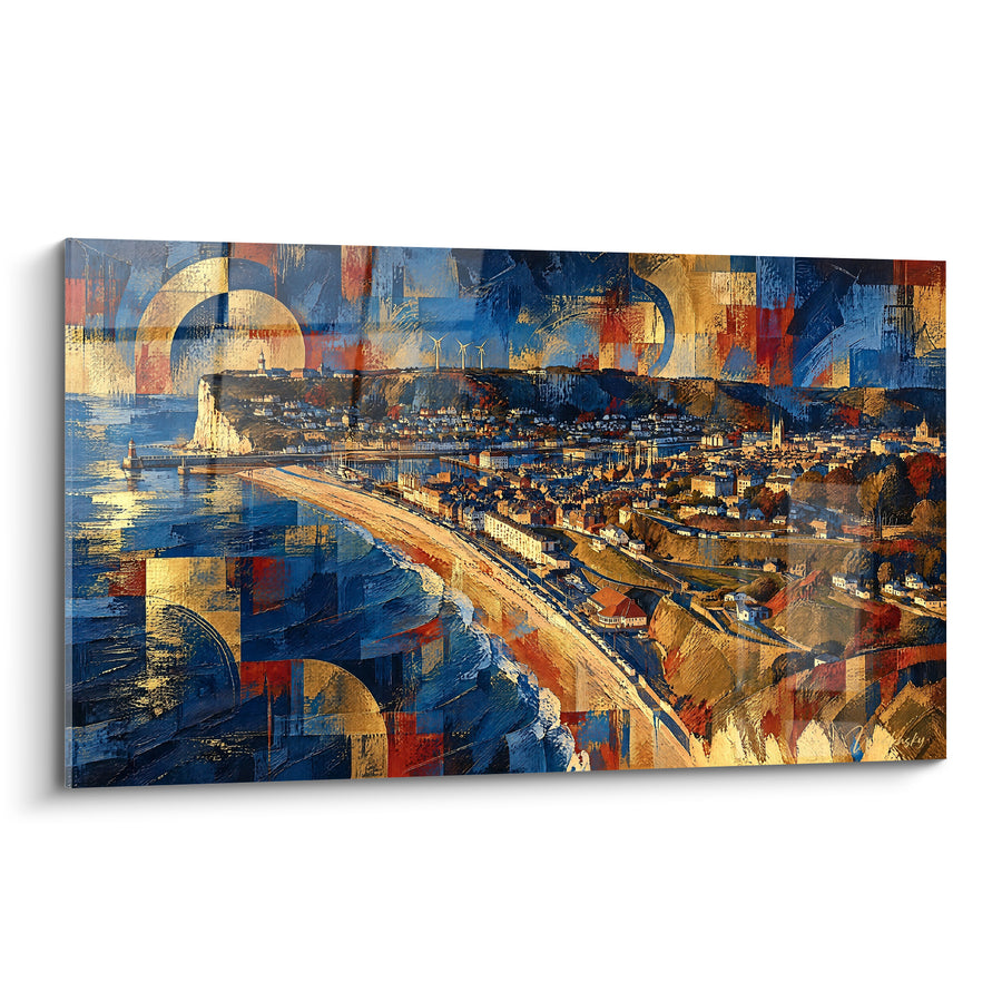 Schilderij Panorama van de kust in marineblauw en goud - Vlucht boven de kliffen - Editie Fécamp Normandie Frankrijk