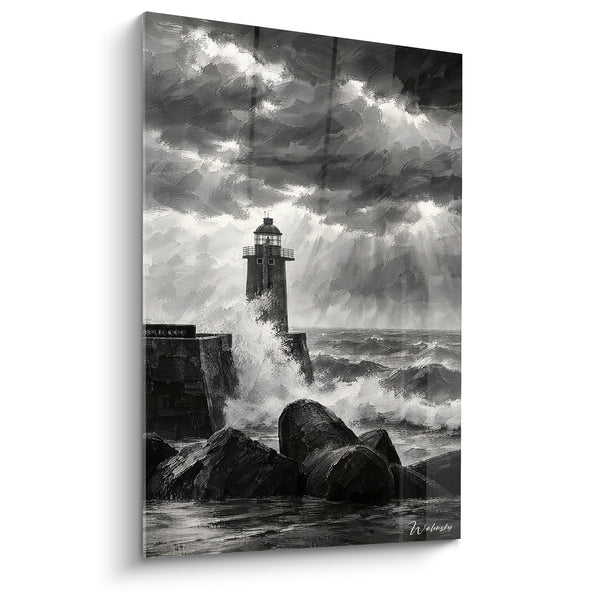 Schilderij Vuurtoren zwart wit onder brekende golf - Woeste storm - Editie Fécamp Normandie Frankrijk