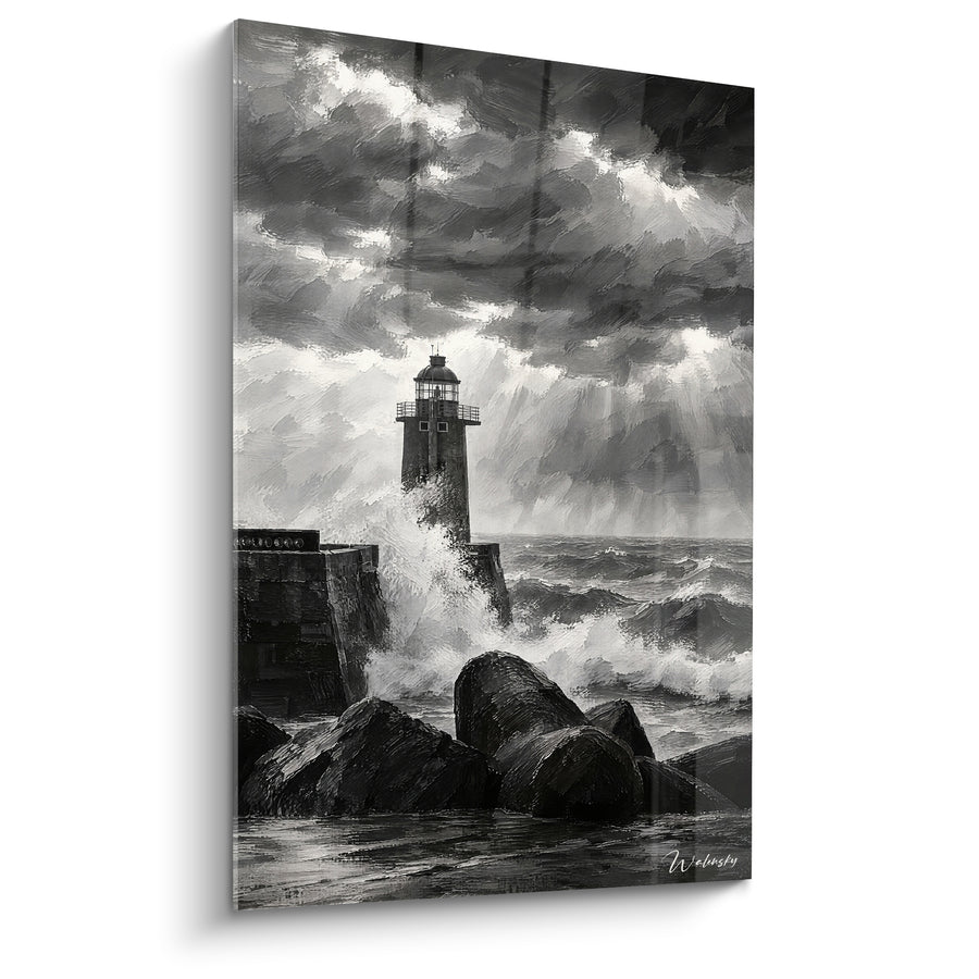 Schilderij Vuurtoren zwart wit onder brekende golf - Woeste storm - Editie Fécamp Normandie Frankrijk