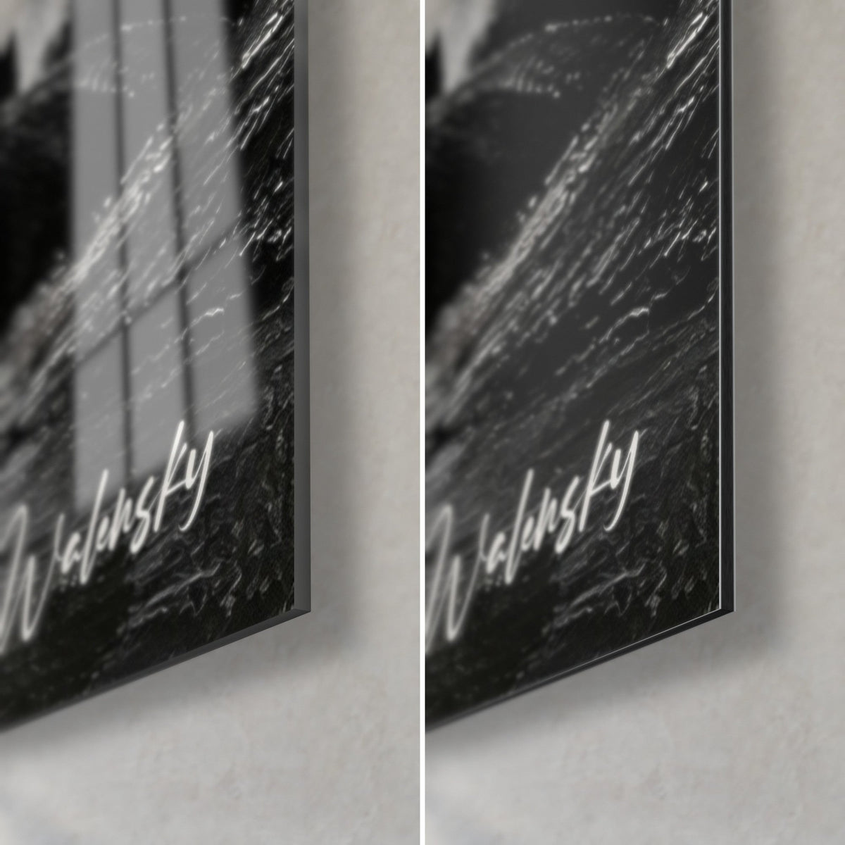 Schilderij stormachtige vuurtoren in zwart-wit, rechtsonder: glanzend acrylglas links, mat Dibond-aluminium rechts, rand van 3 mm