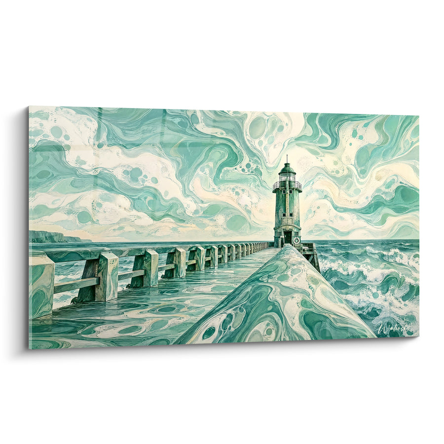 Schilderij Vuurtoren Groen en Wit op Marmeren Steiger - Wandeling naar de Zee - Editie Fécamp Normandie Frankrijk