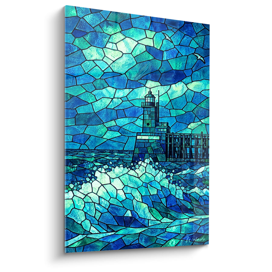 Schilderij Vuurtoren blauw turquoise glas-in-lood maritiem - Waakt over de branding - Editie Fécamp Normandie Frankrijk