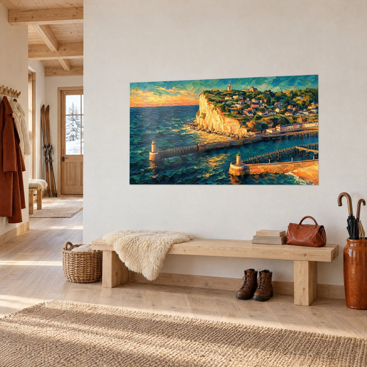 Wall art Fécamp in thick impasto, white cliff and orange sky over turquoise water, hung in the entrance of a chalet