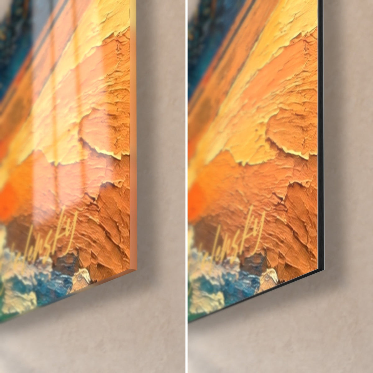Wall art red lighthouse and ochre cliff in textured impasto, glossy glass corner at bottom left, matte Dibond on the right