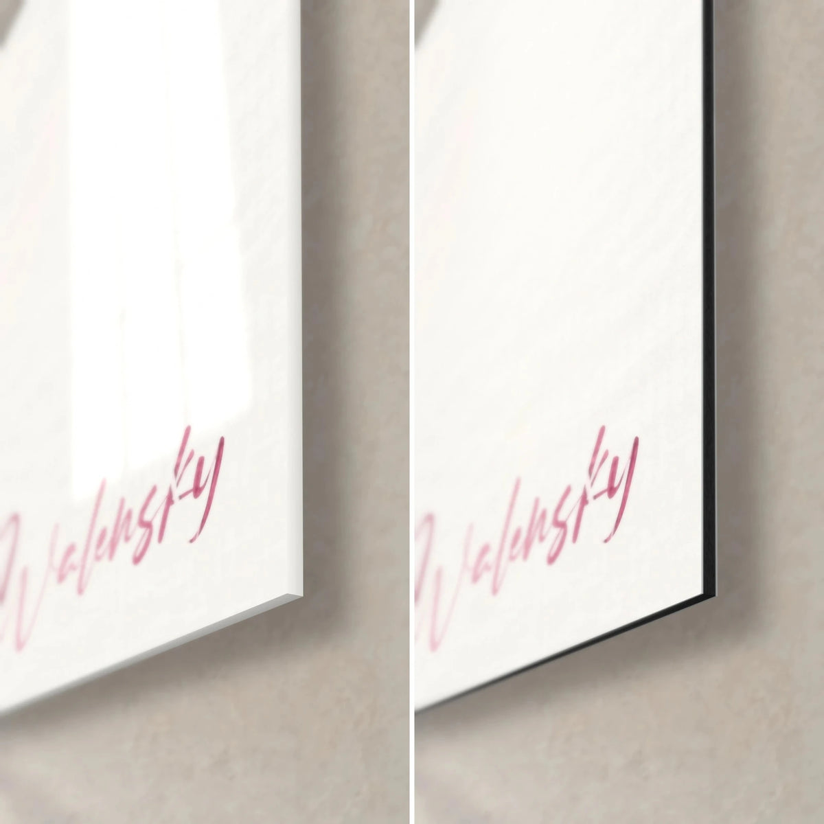 Schilderij van een feeënmeisje met roze vleugels, rechtsonder: glanzend acrylglas links, mat zwart Dibond-aluminium rechts, 3 mm dikte