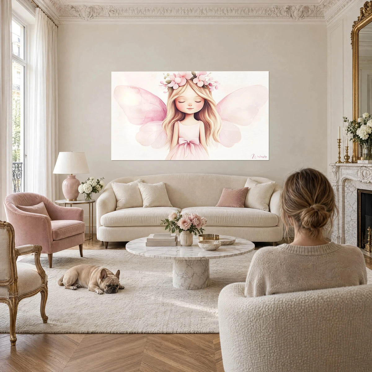 Schilderij van een kleine fee met gesloten oogleden, poederroze vleugels en een bloemenkroon, boven een bank in een lichte woonkamer