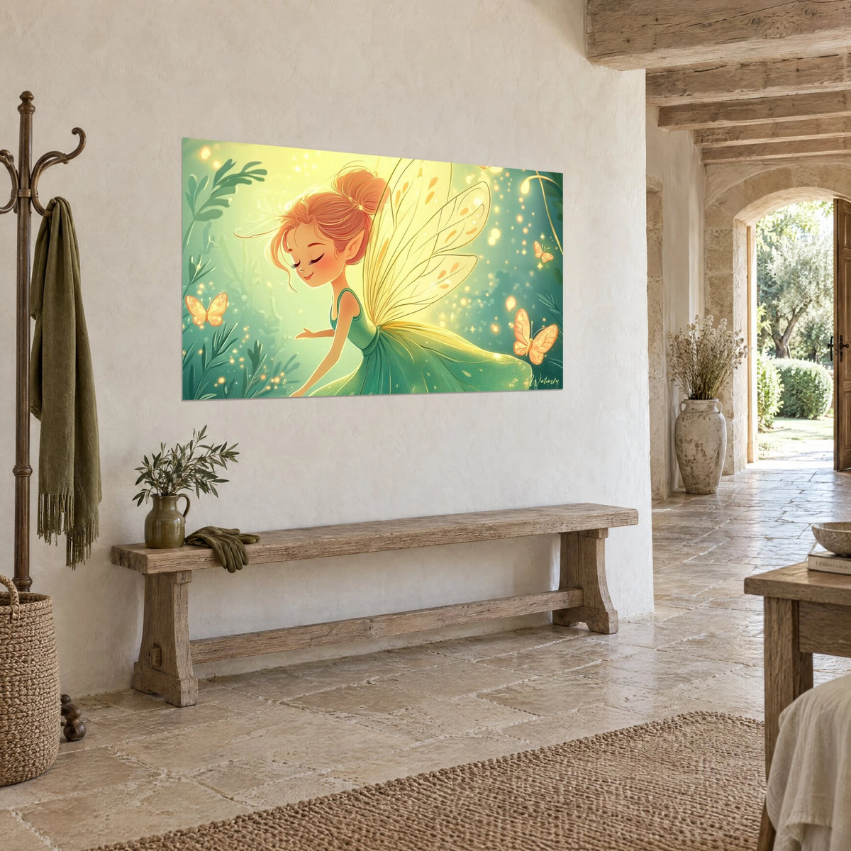 Wall art winged sprite with closed eyes, pale yellow veined wings against a misty turquoise background, in a stone corridor in three-quarter view