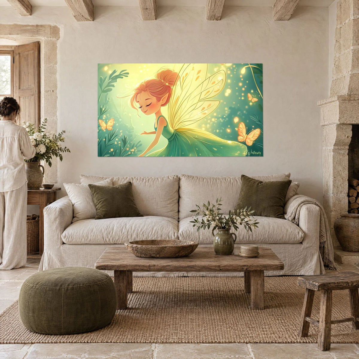 Wall art small fairy with golden wings, mint green dress and orange updo, amber butterflies, above a sofa in a bright living room