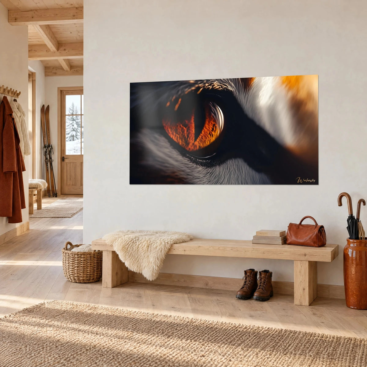 Quadro iride incandescente di gatto, riflessi ramati e pelo grigio, su una parete bianca sopra una panca in legno chiaro