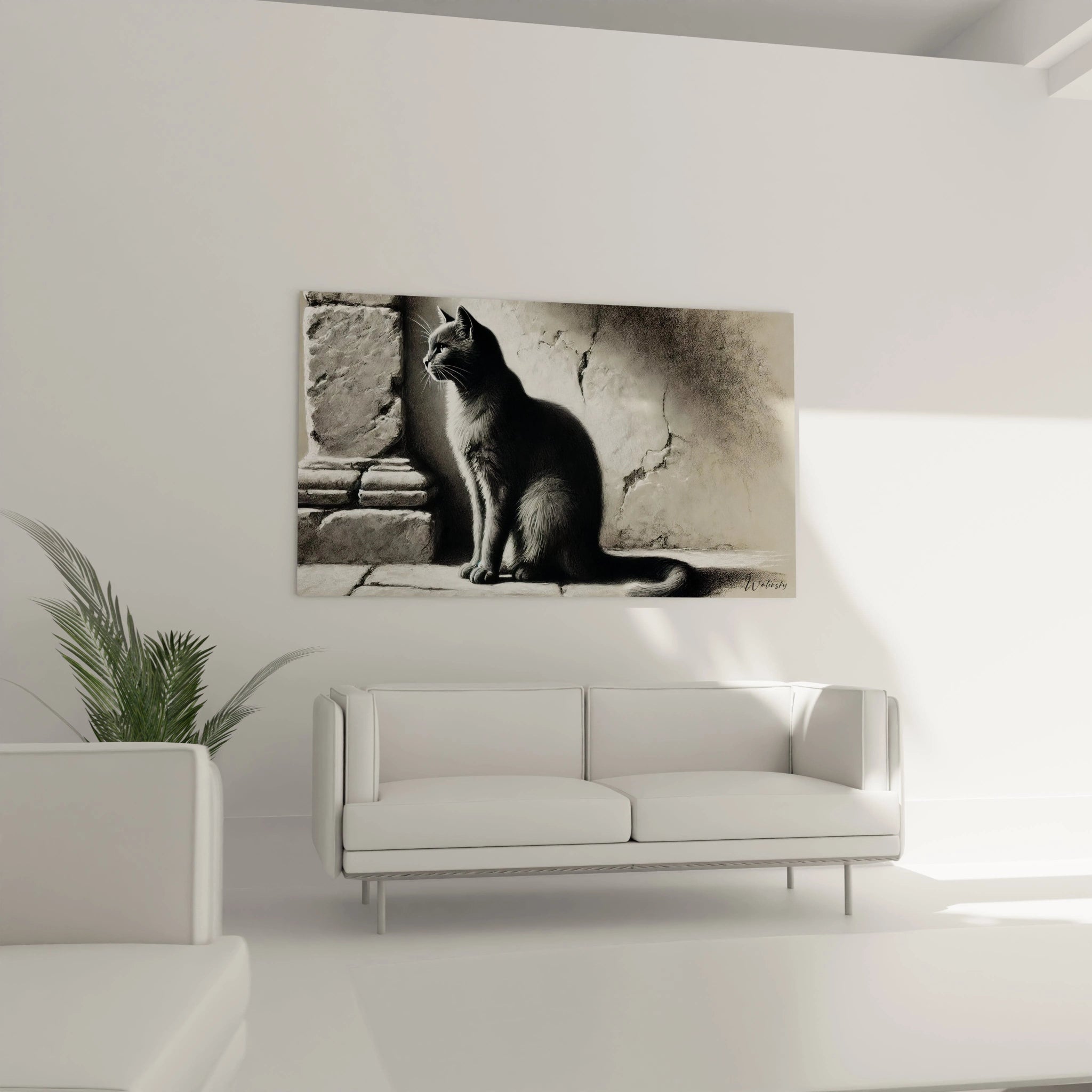 Le tableau chat suspendu au-dessus du canapé dans un salon ajoute une élégance subtile. Ses détails fins et son contraste noir et blanc créent une atmosphère apaisante et contemporaine.

