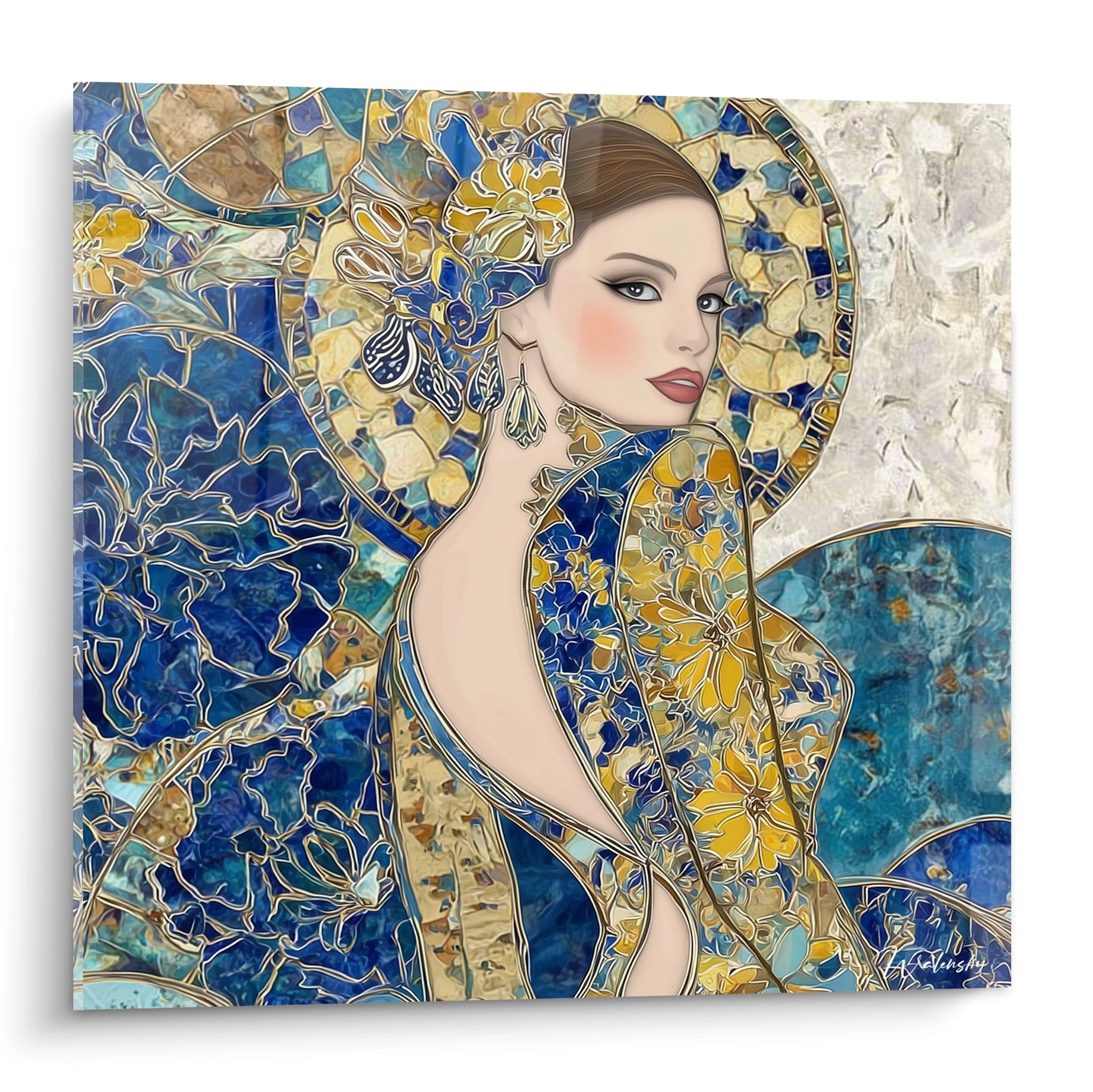 Tableau féminin byzantin avec des motifs floraux en bleu et or mettant en valeur une femme élégante