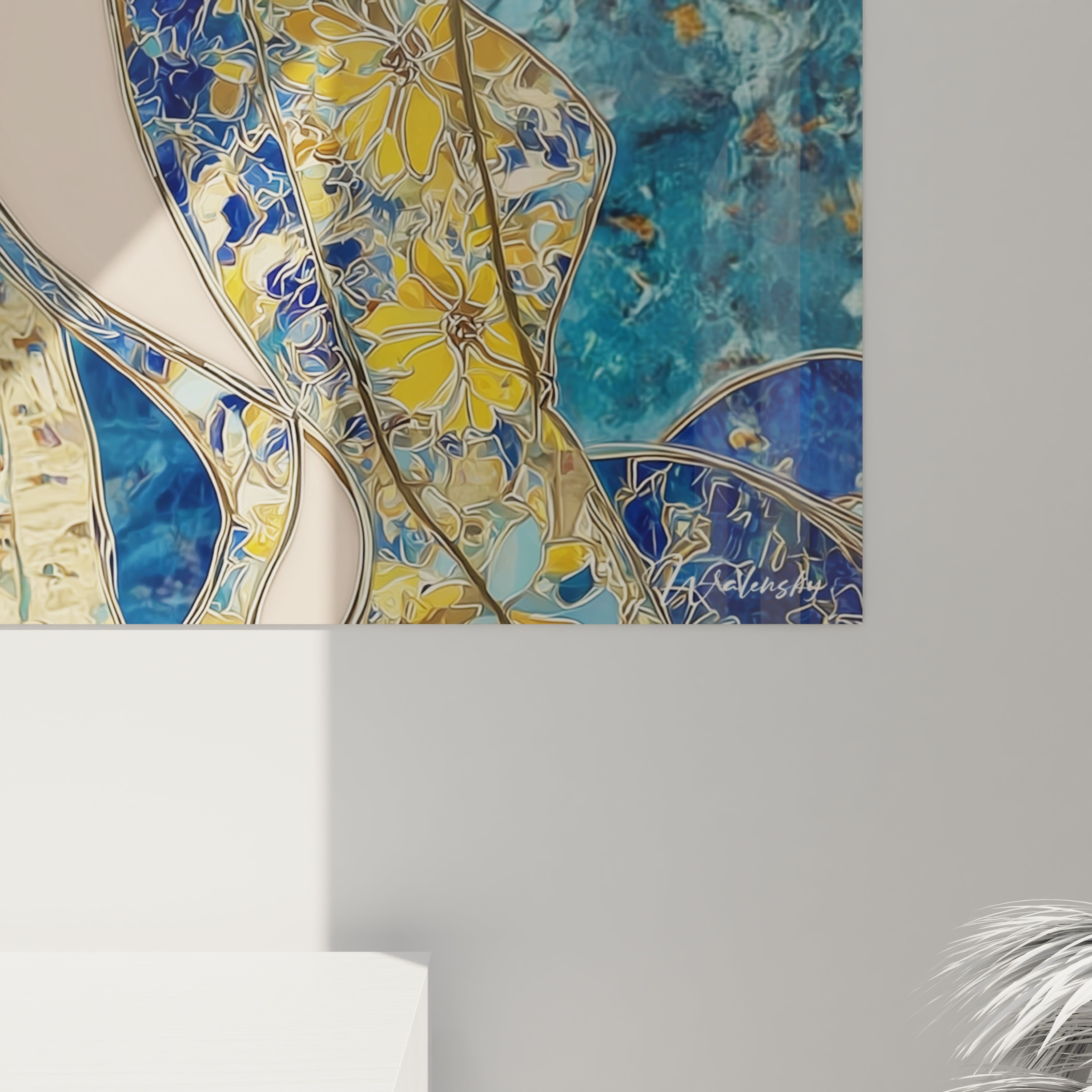 Tableau mural féminin byzantin de Walensky avec des motifs floraux colorés sur fond bleu