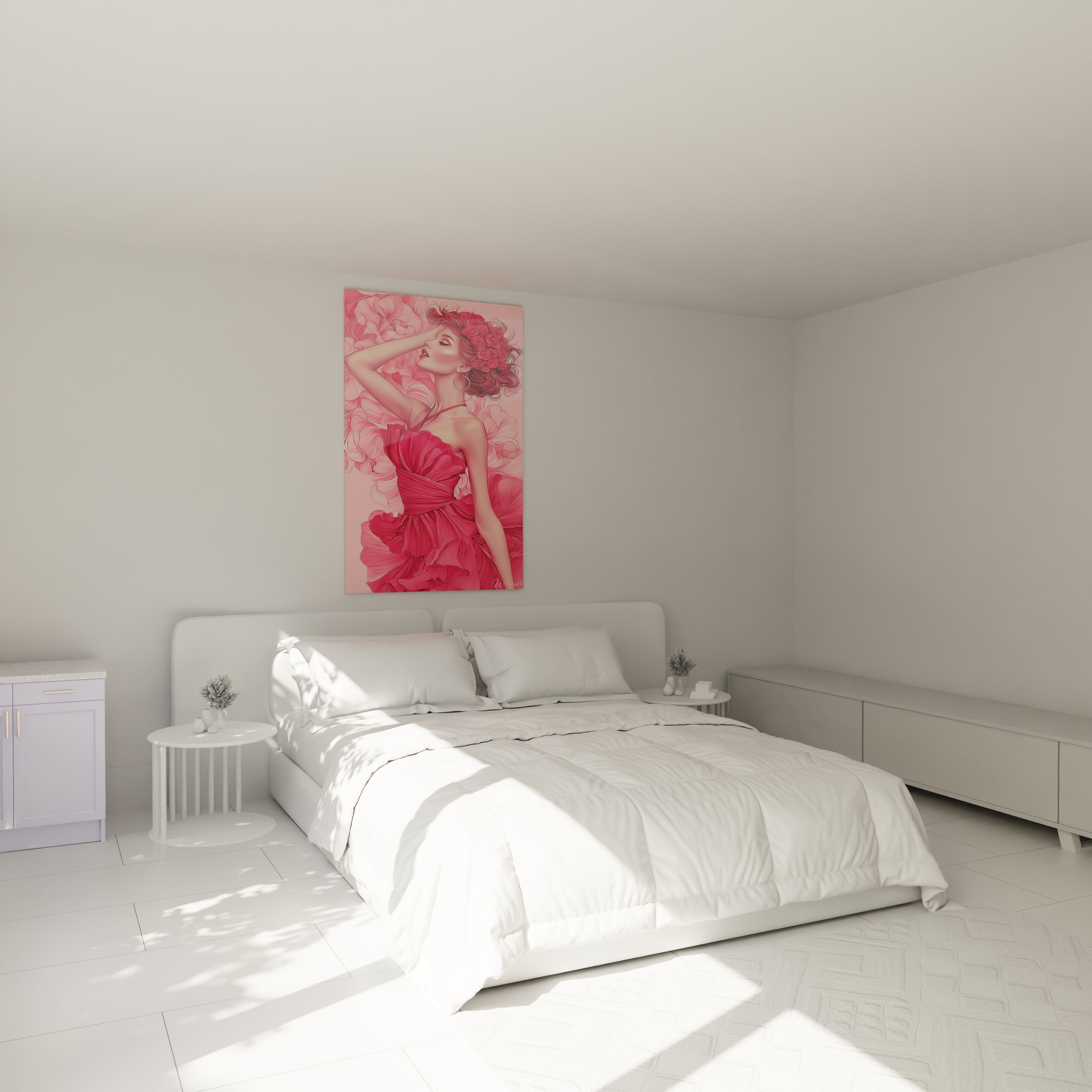 Tableau féminin élégant de Walensky sur un mur dans une chambre lumineuse avec lit blanc